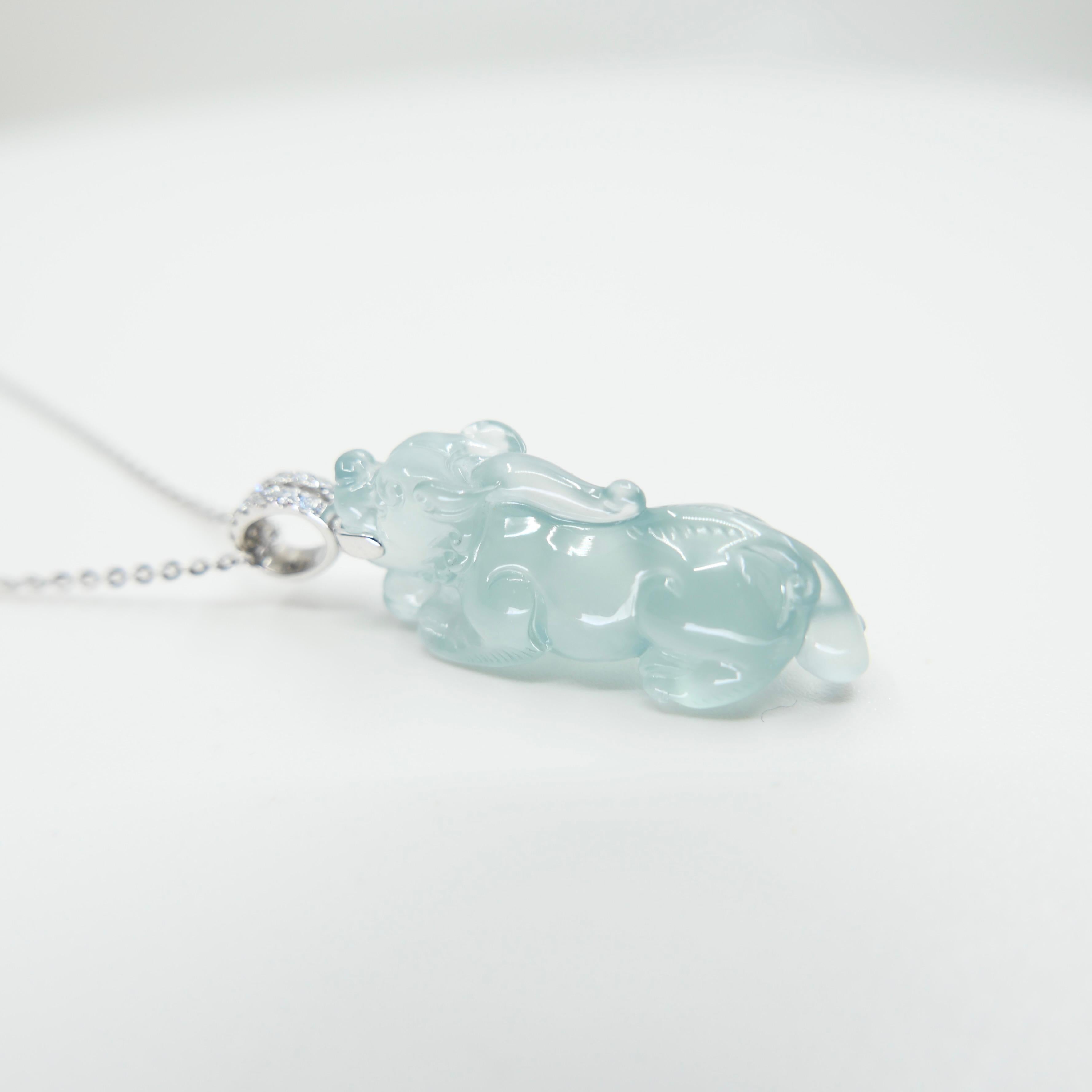 Certified Natural Icy Jade, Lucky Pi Xiu Pendant Necklace. Super Transparent! In New Condition For Sale In Hong Kong, HK