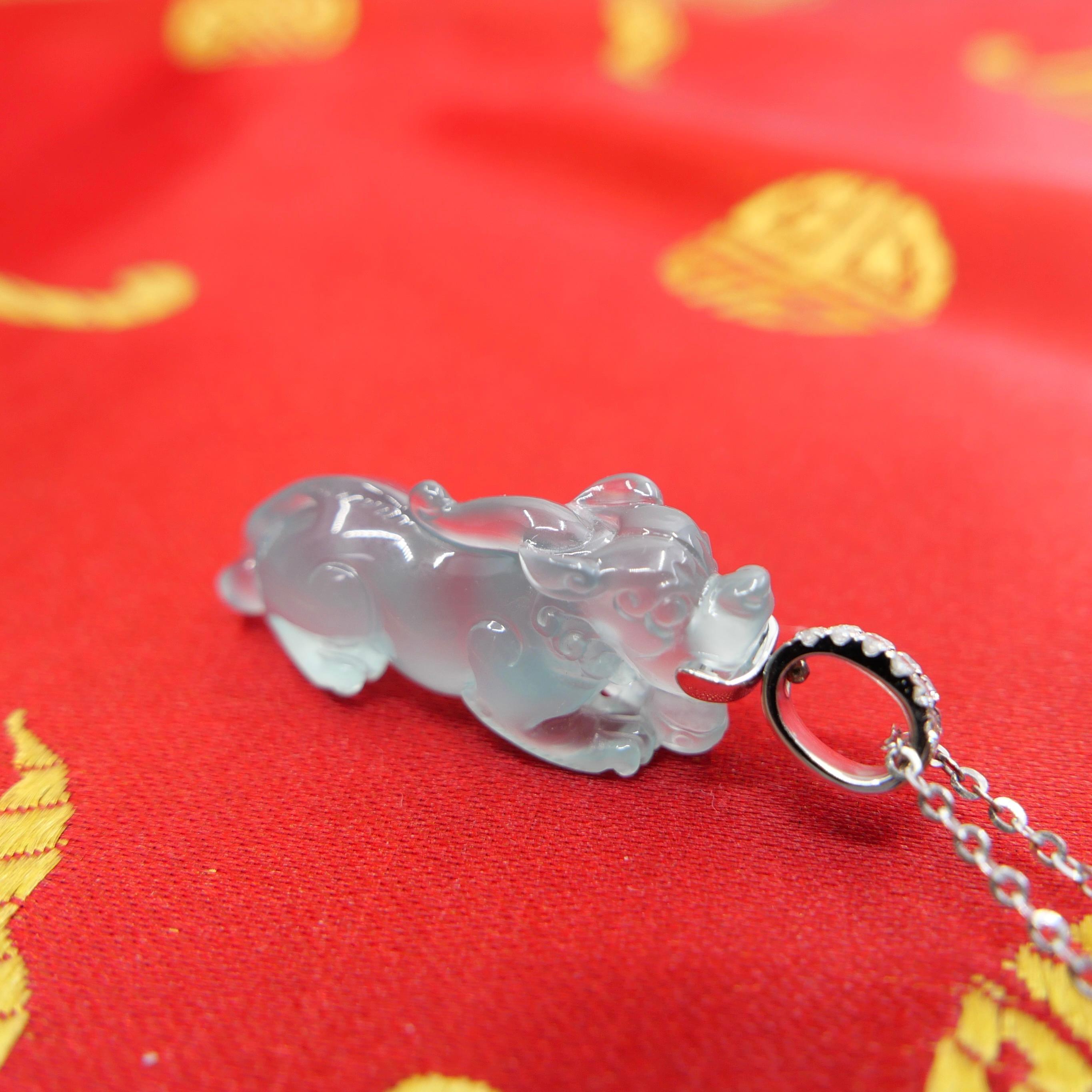 Certified Natural Icy Jade, Lucky Pi Xiu Pendant Necklace. Super Transparent! For Sale 1