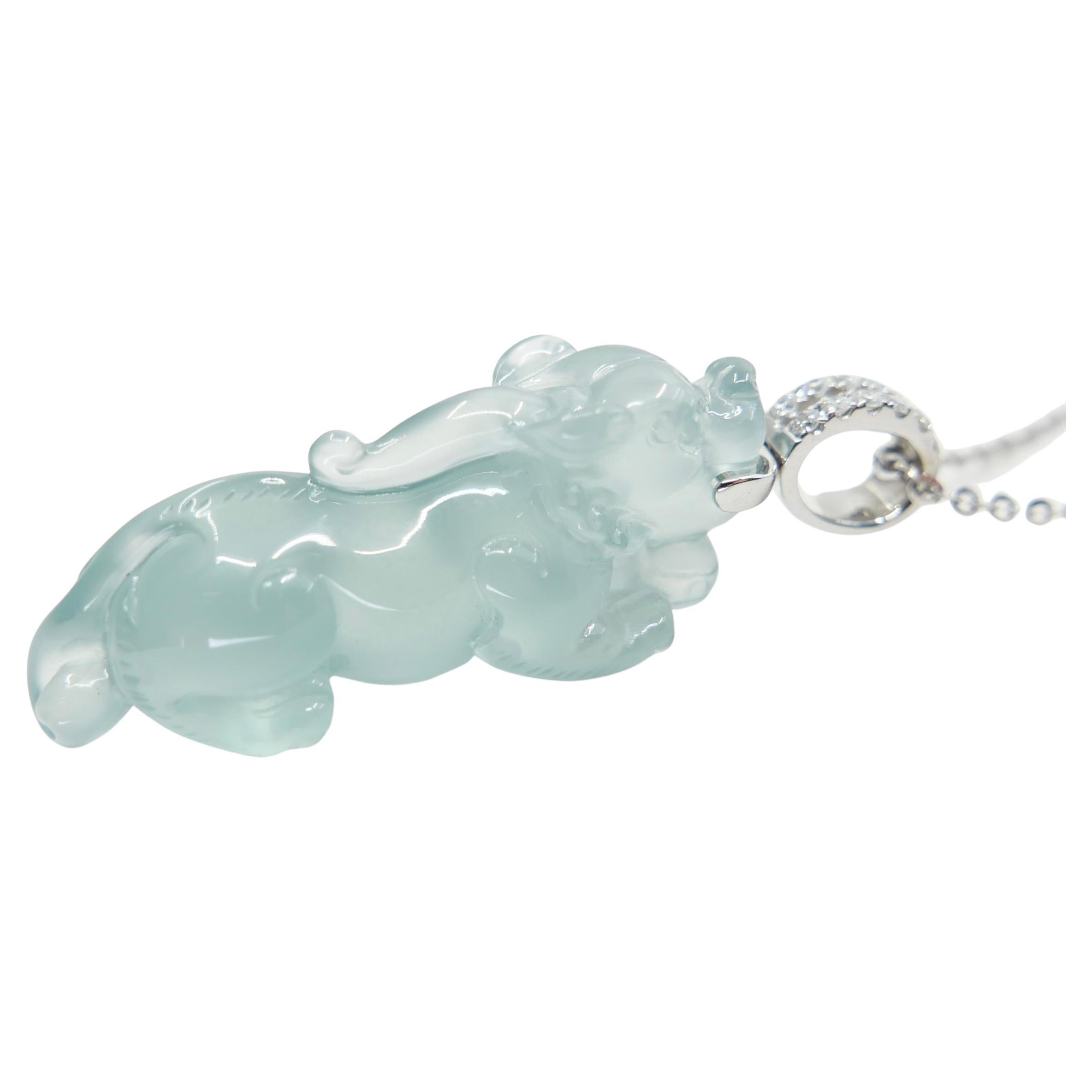 Certified Natural Icy Jade, Lucky Pi Xiu Pendant Necklace. Super Transparent! For Sale 2