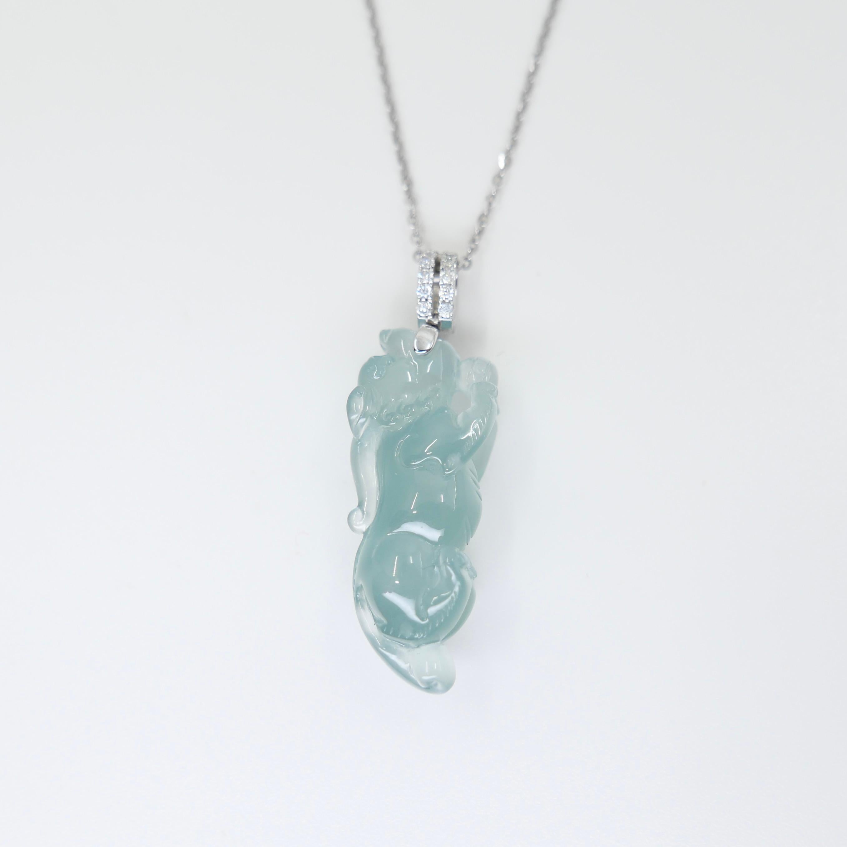 Certified Natural Icy Jade, Lucky Pi Xiu Pendant Necklace. Super Transparent! For Sale 4