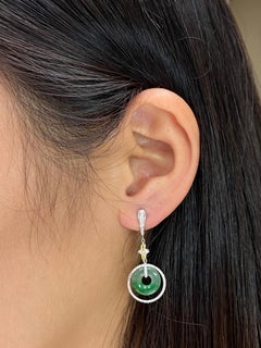 Certified Icy See-Through Jade & Diamond Drop Earrings, Apple Green Veins