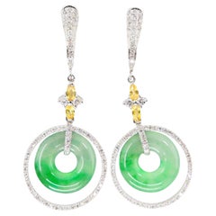 Certified Natural Icy Jadeite Jade and Diamond Drop Earrings, Apple Green Veins