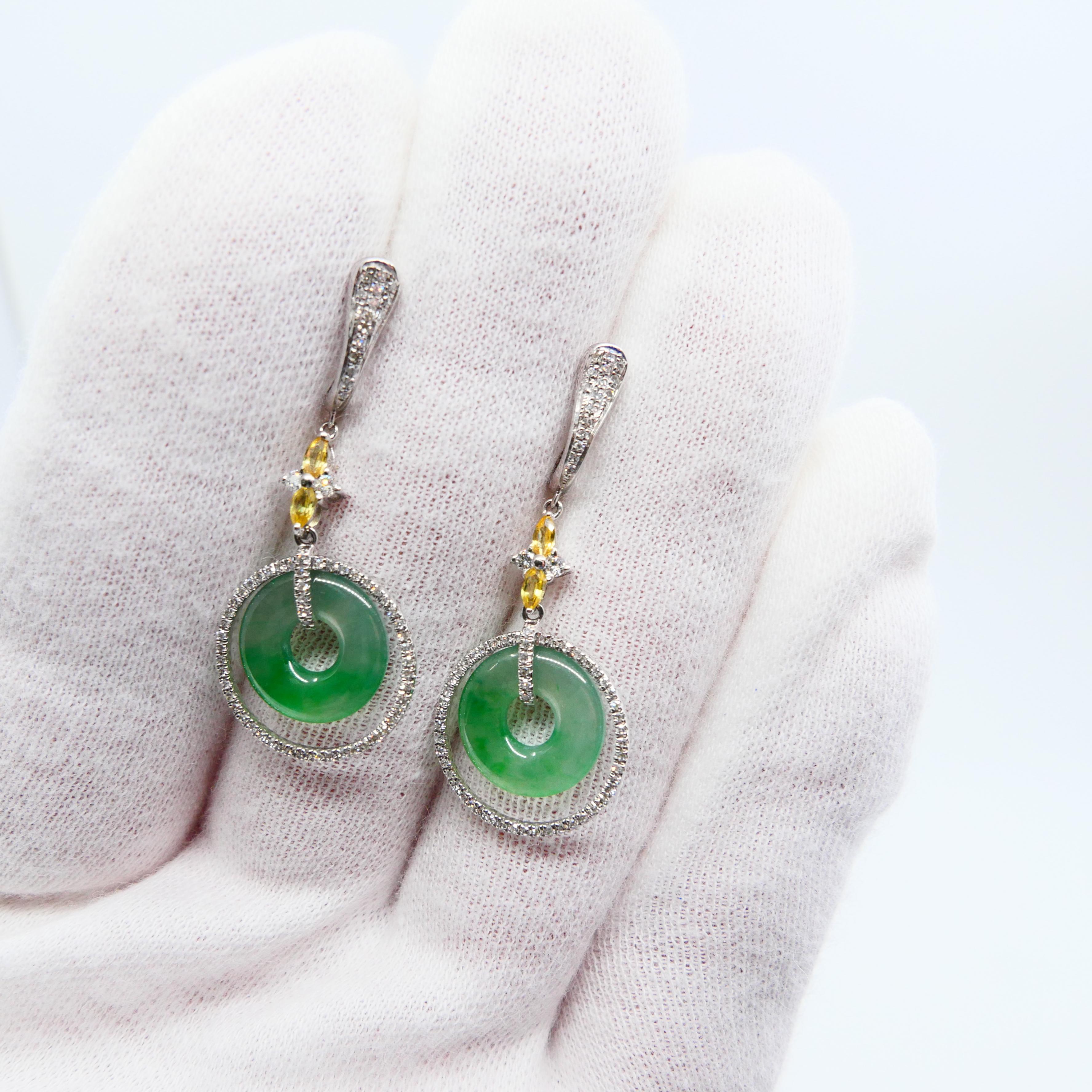 Certified Icy See-Through Jade & Diamond Drop Earrings, Apple Green Veins For Sale 3