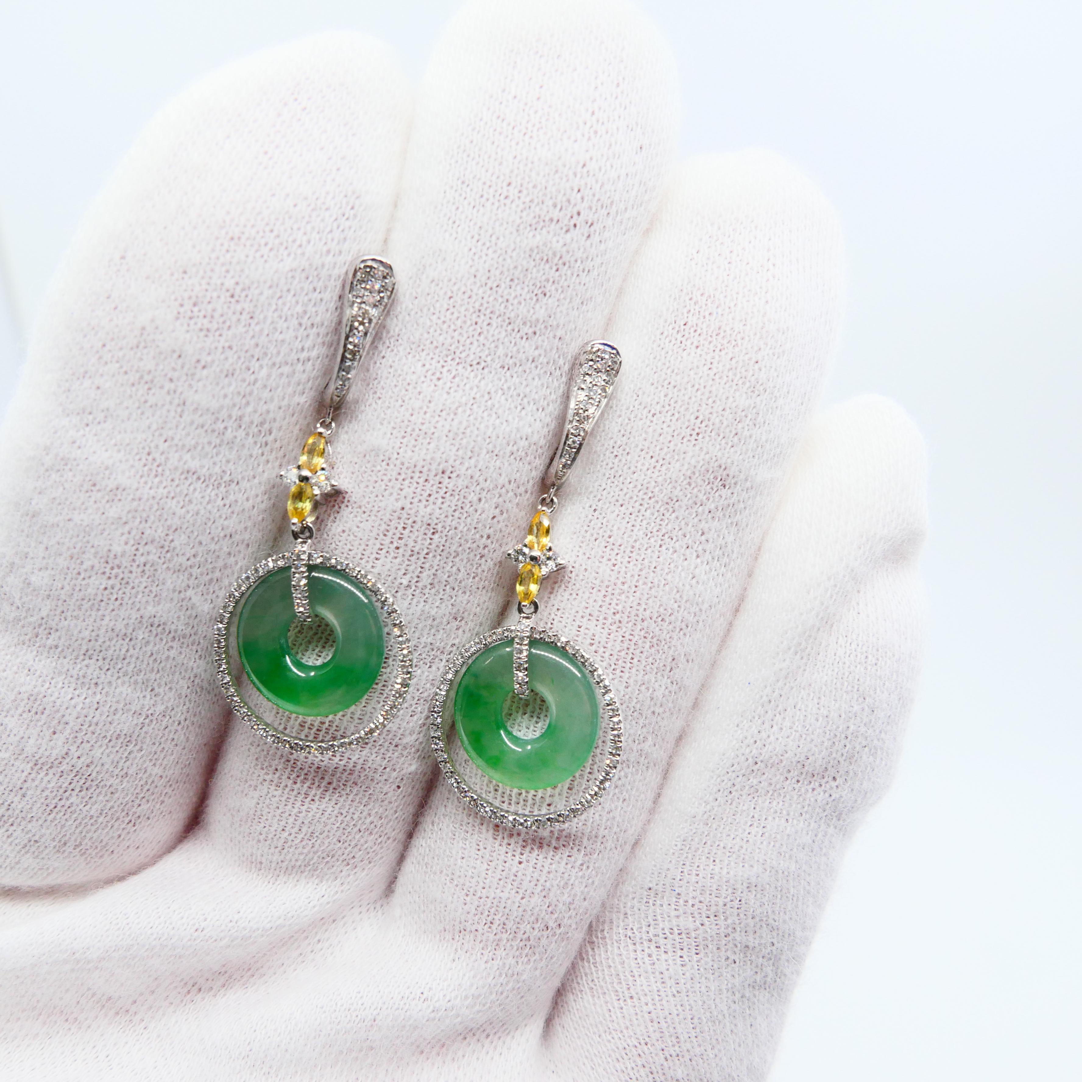 Certified Natural Icy Jadeite Jade and Diamond Drop Earrings, Apple Green Veins For Sale 3