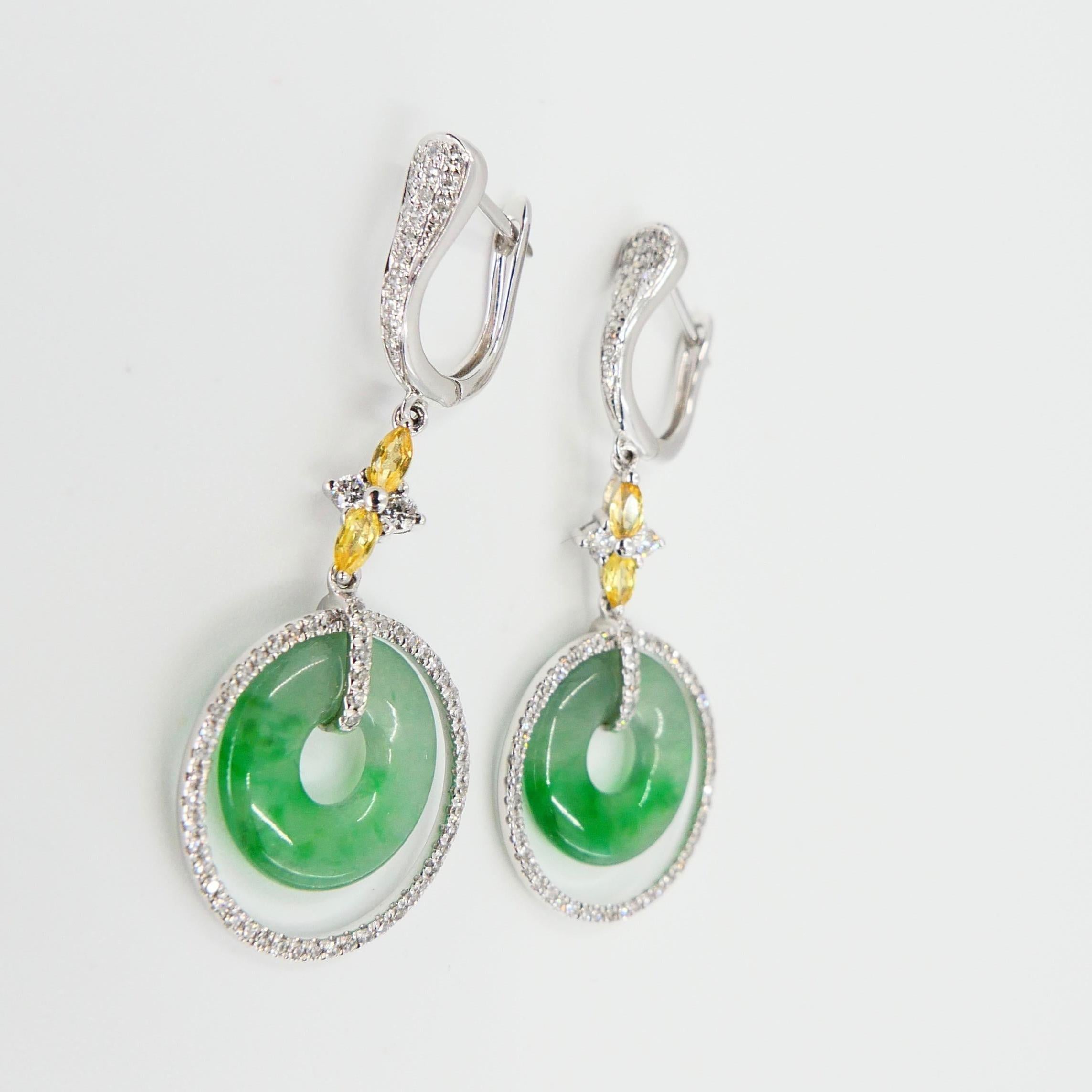 Certified Natural Icy Jadeite Jade and Diamond Drop Earrings, Apple Green Veins For Sale 4