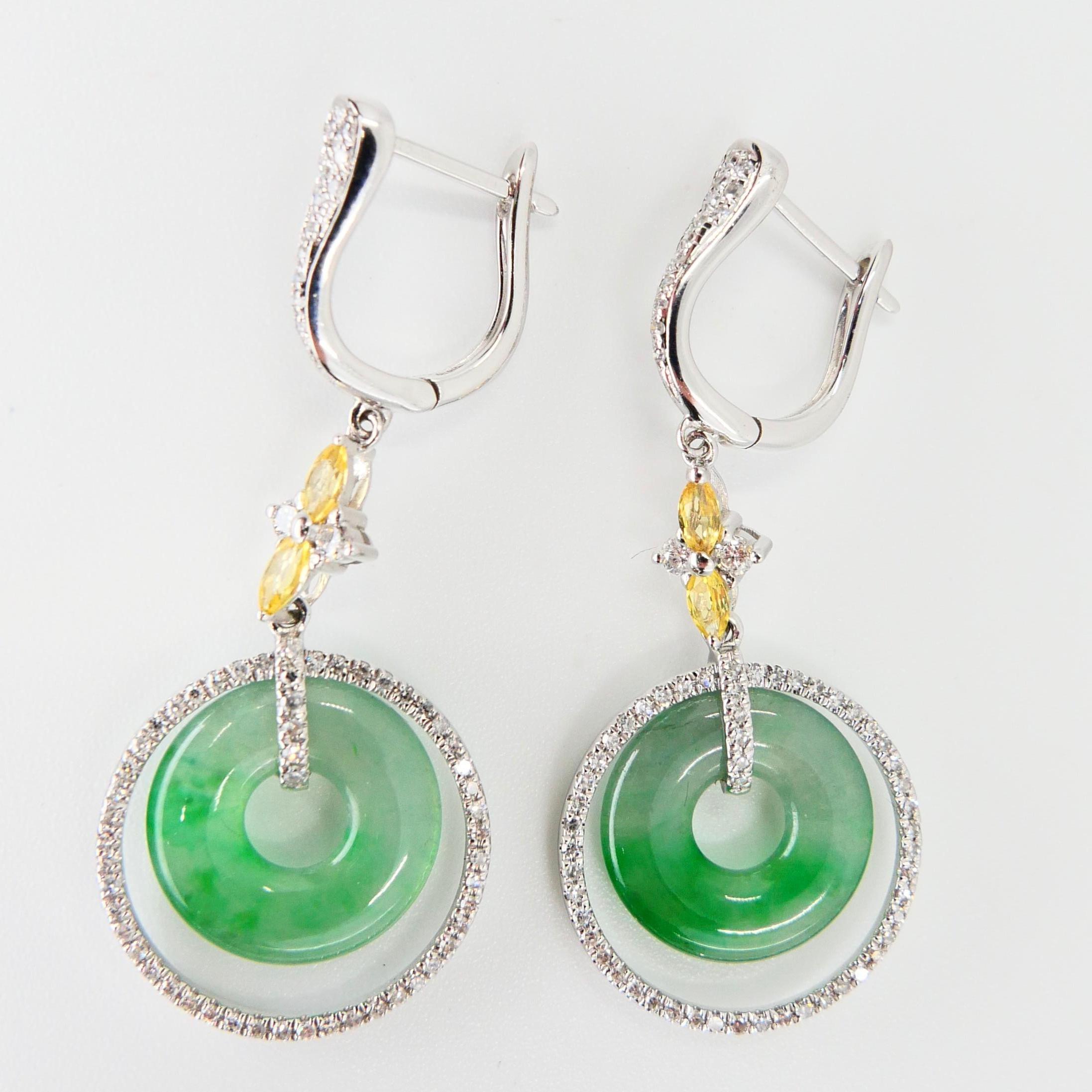 Certified Natural Icy Jadeite Jade and Diamond Drop Earrings, Apple Green Veins For Sale 5