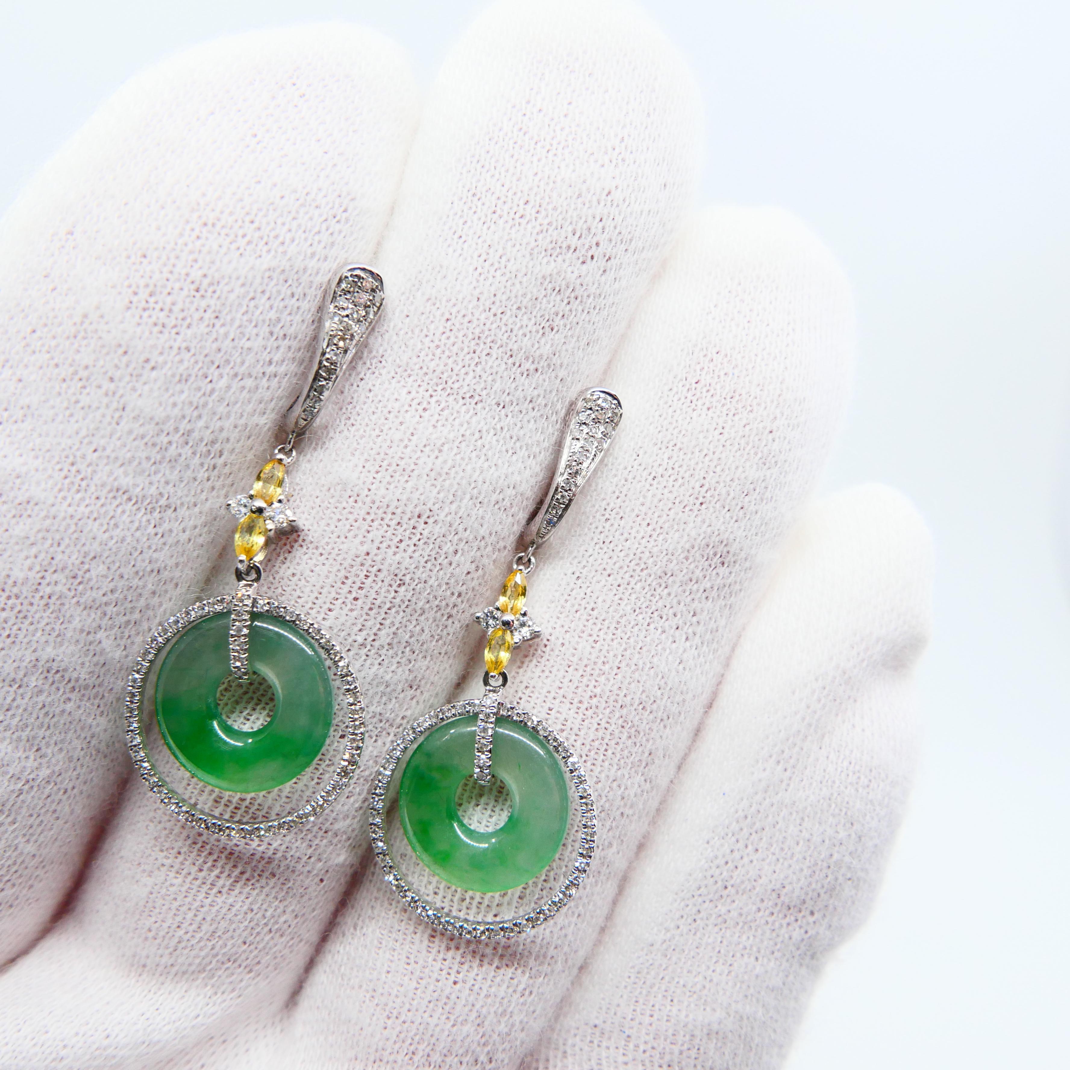 Certified Natural Icy Jadeite Jade and Diamond Drop Earrings, Apple Green Veins In New Condition For Sale In Hong Kong, HK