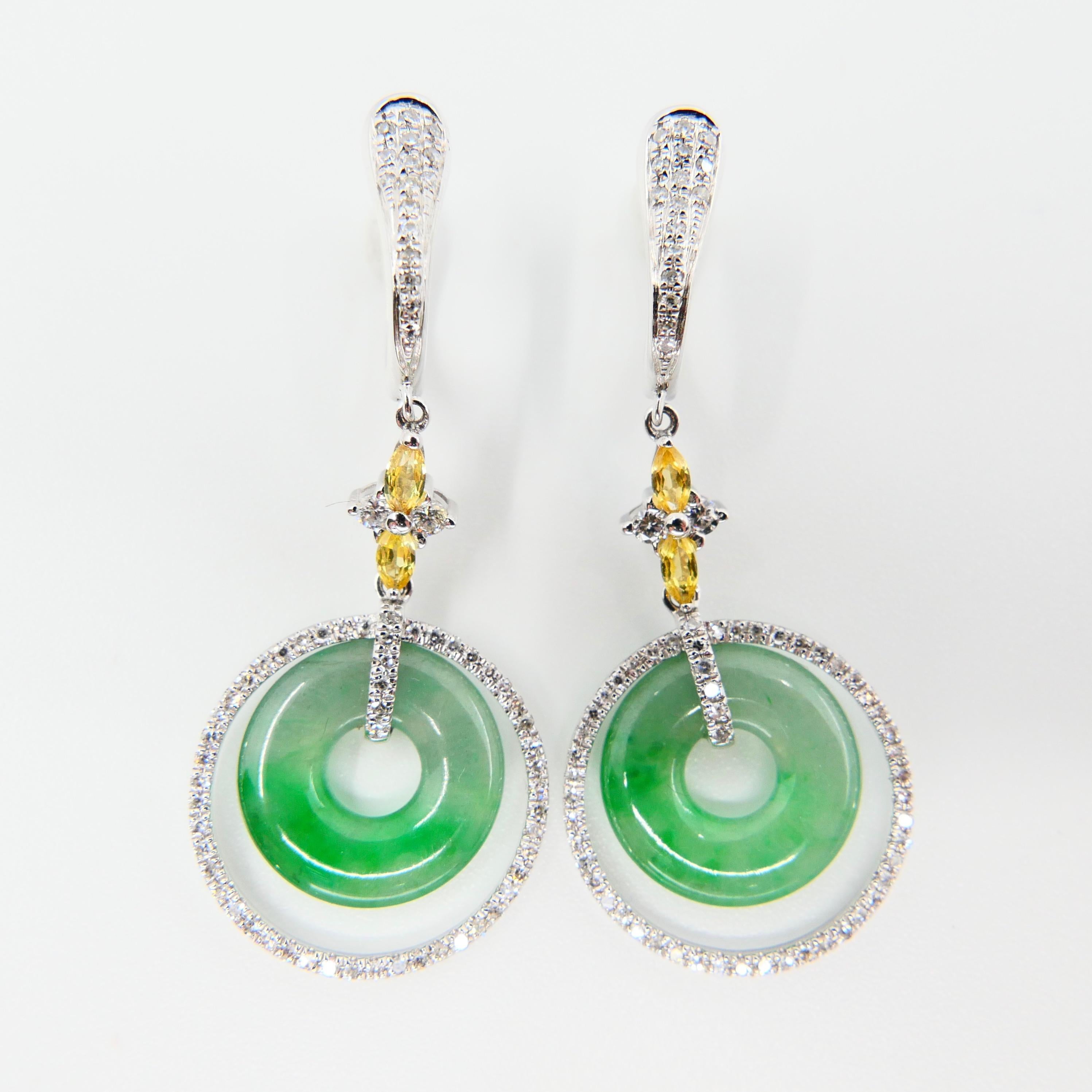 Women's Certified Natural Icy Jadeite Jade and Diamond Drop Earrings, Apple Green Veins For Sale