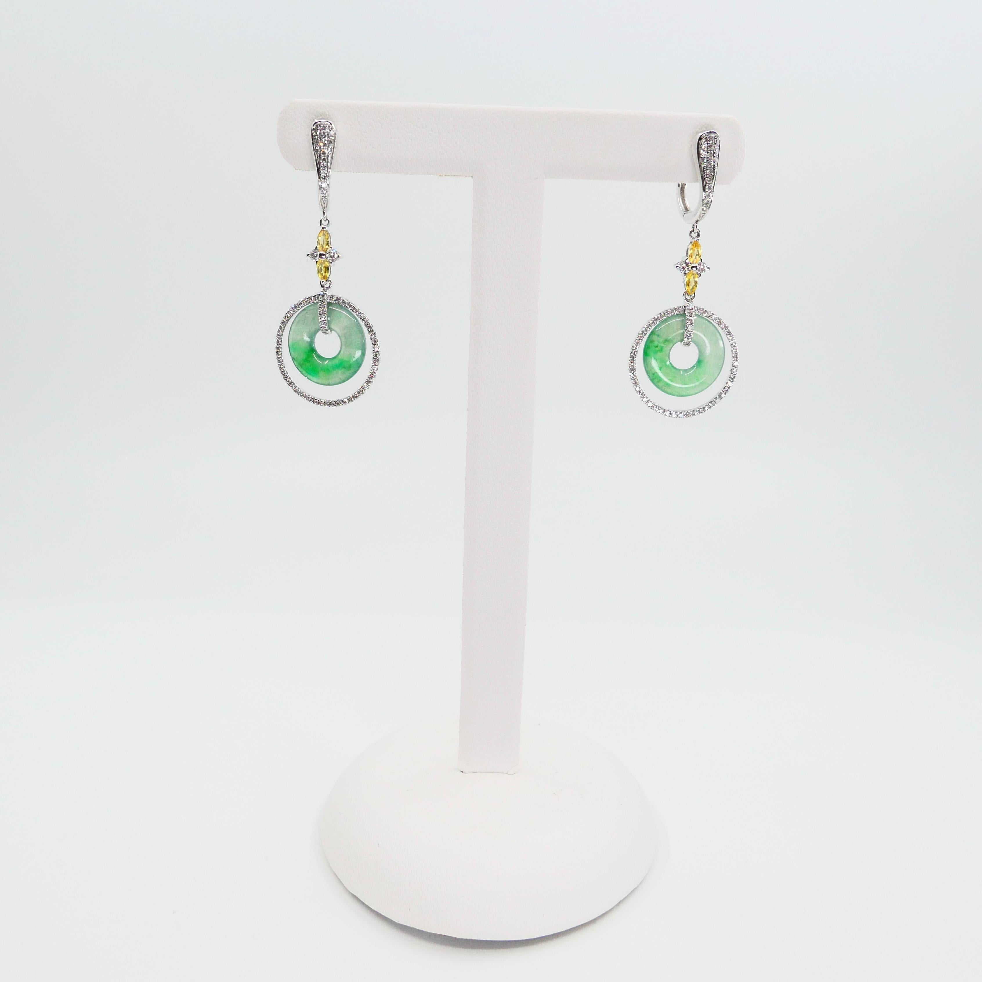 Certified Natural Icy Jadeite Jade and Diamond Drop Earrings, Apple Green Veins For Sale 1