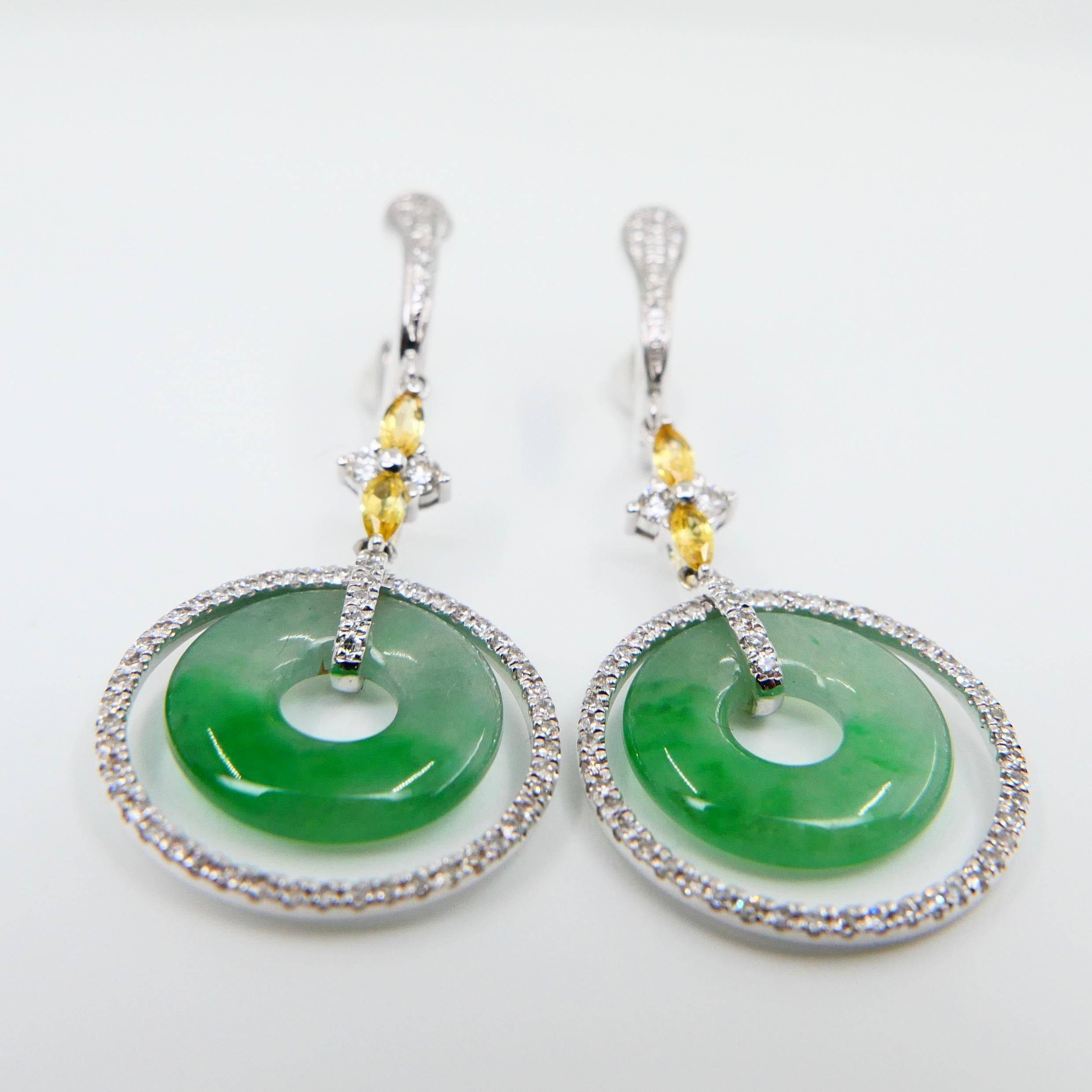 Certified Natural Icy Jadeite Jade and Diamond Drop Earrings, Apple Green Veins For Sale 2