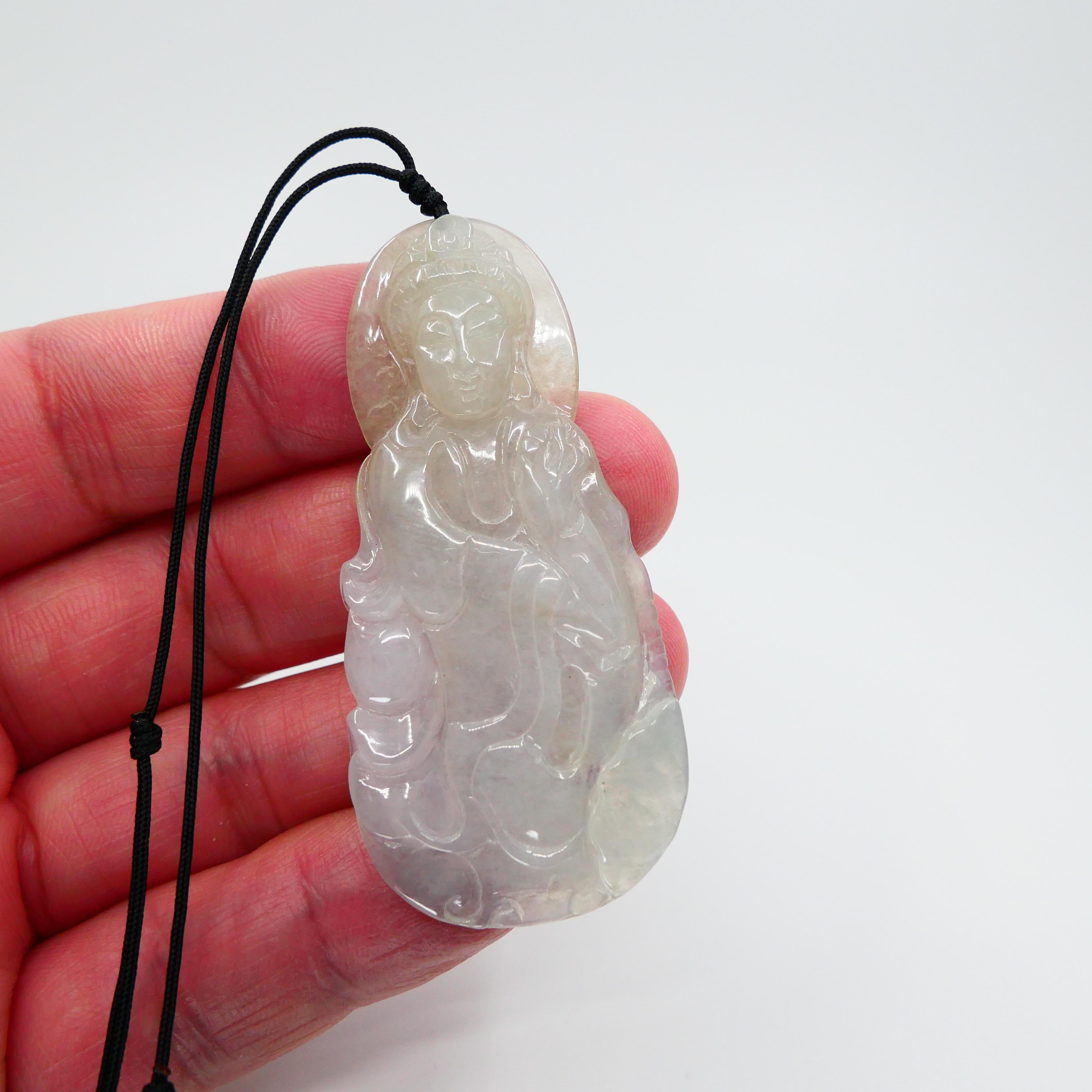 Certified Natural Icy Jadeite Jade Pendant Necklace, Kwan Yin, Unisex For Sale 5