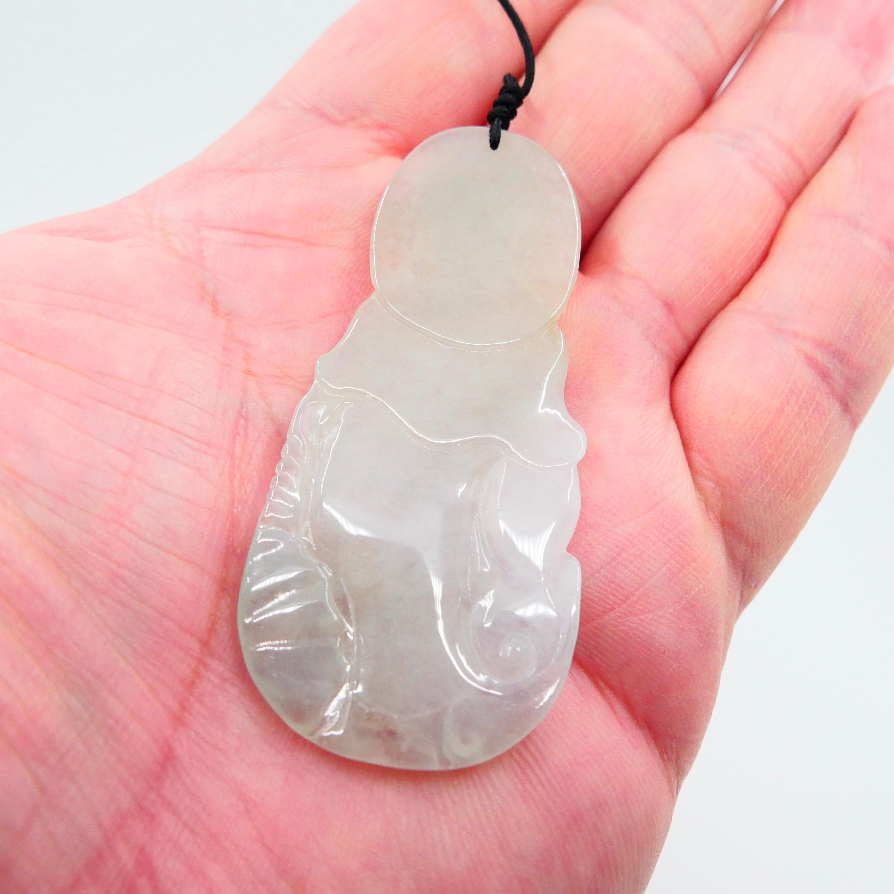Certified Natural Icy Jadeite Jade Pendant Necklace, Kwan Yin, Unisex For Sale 6