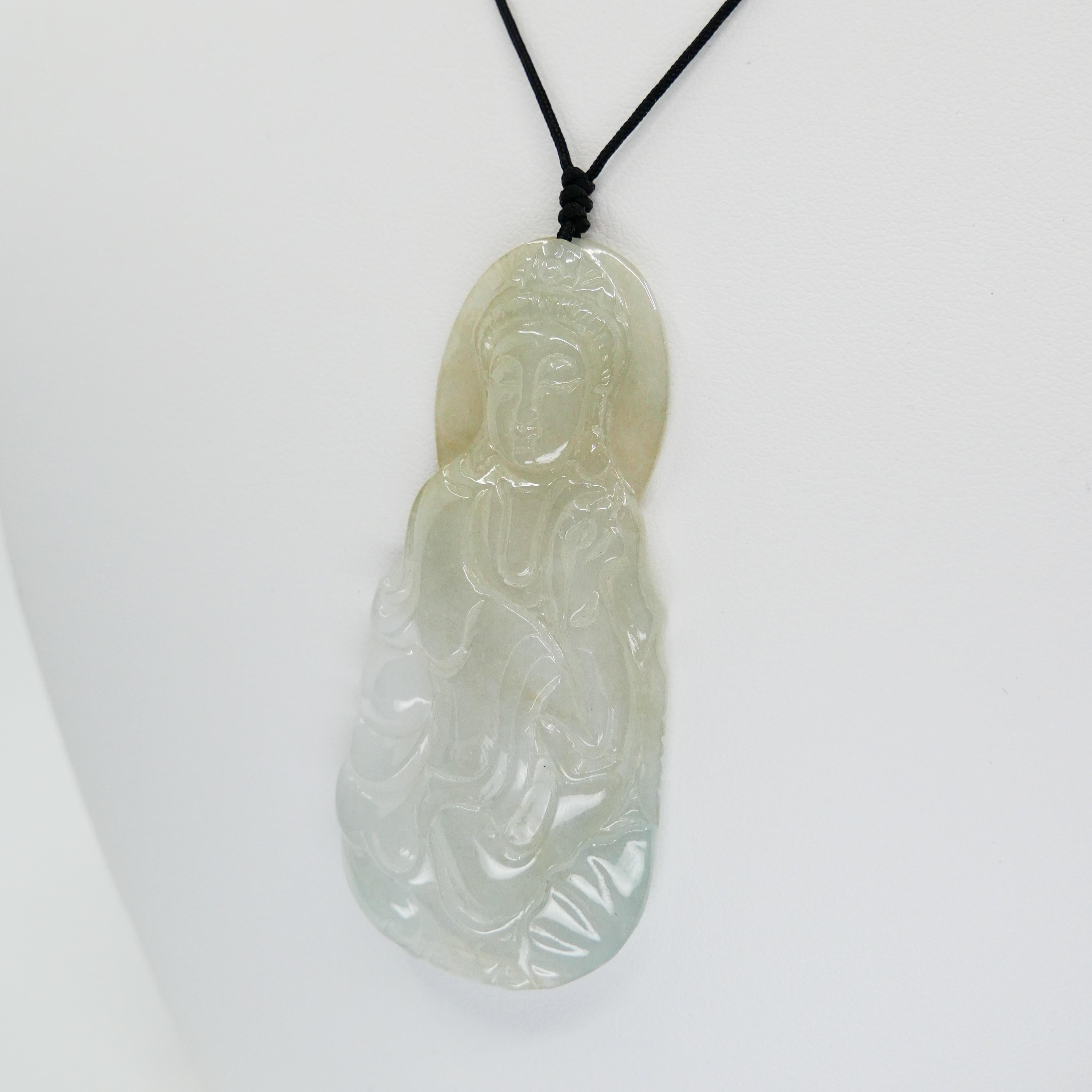 Certified Natural Icy Jadeite Jade Pendant Necklace, Kwan Yin, Unisex For Sale 2