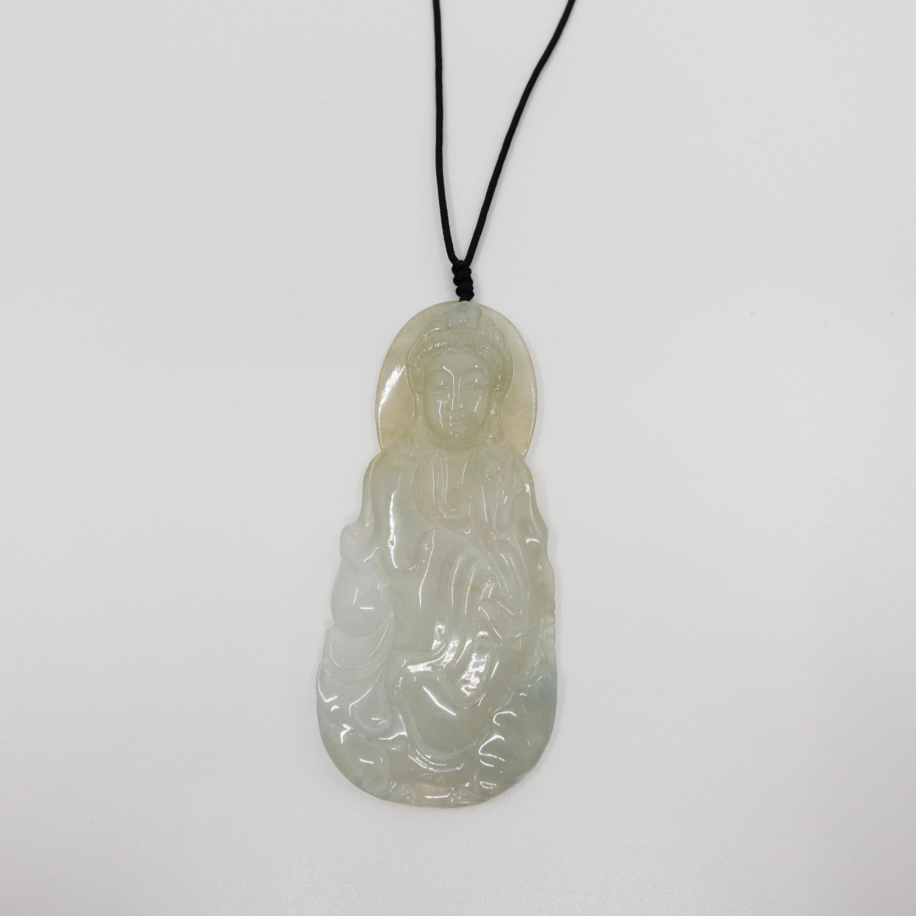 Rough Cut Certified Natural Icy Jadeite Jade Pendant Necklace, Kwan Yin, Unisex For Sale