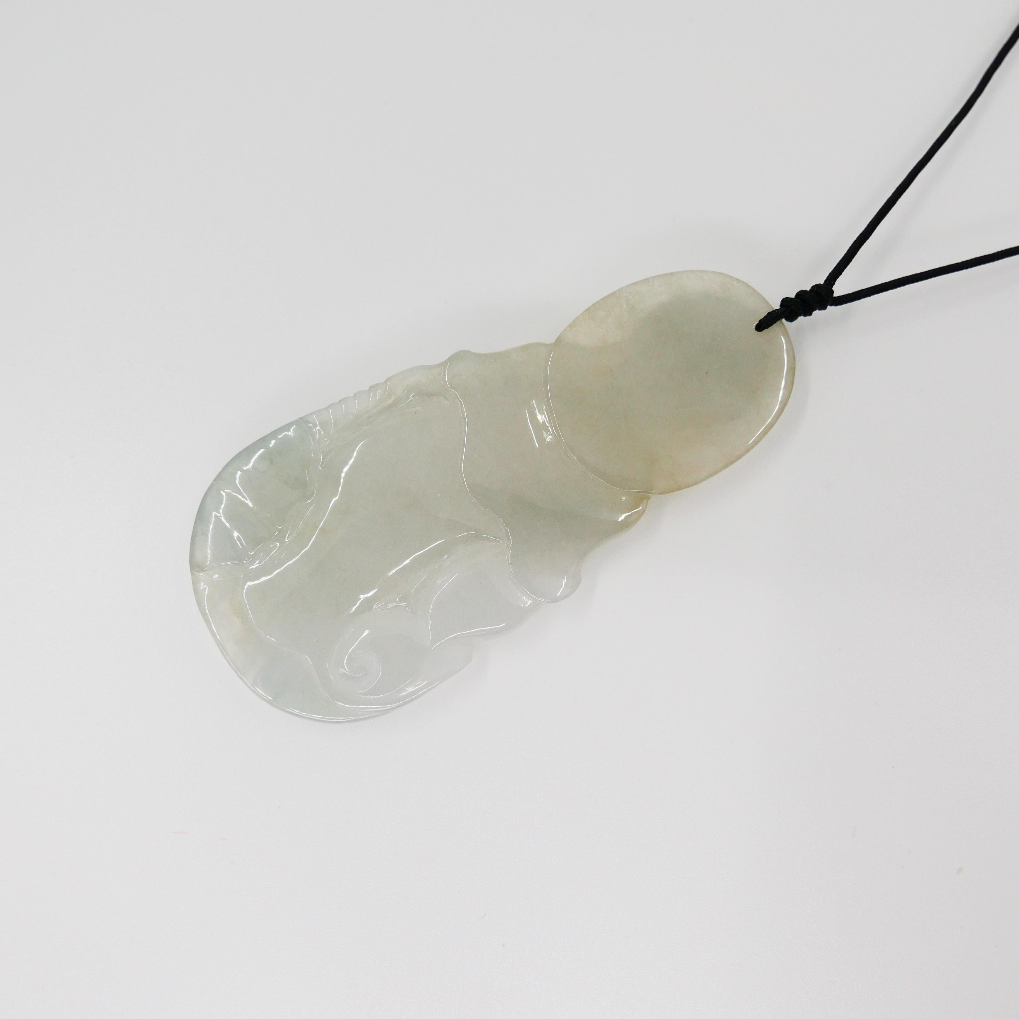 Certified Natural Icy Jadeite Jade Pendant Necklace, Kwan Yin, Unisex In New Condition For Sale In Hong Kong, HK