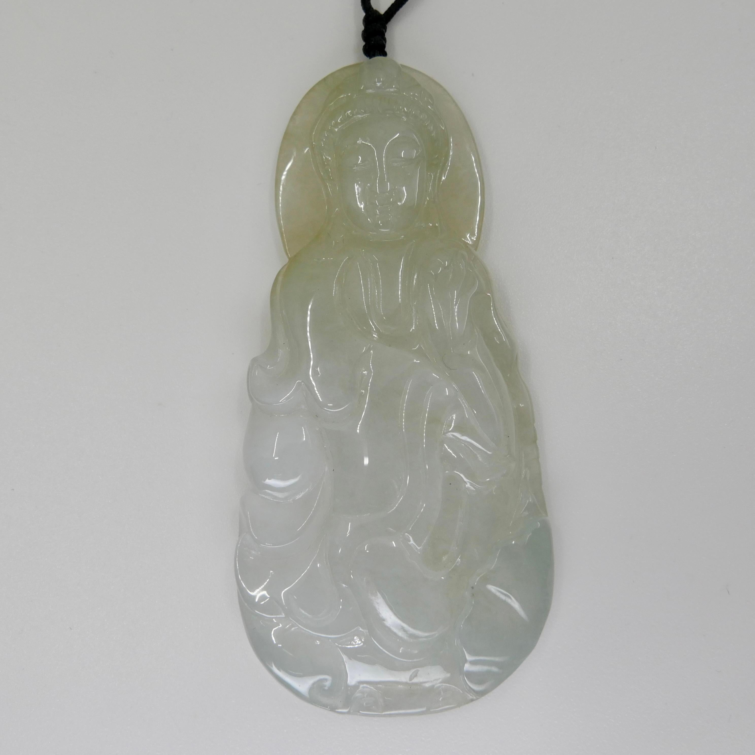 Certified Natural Icy Jadeite Jade Pendant Necklace, Kwan Yin, Unisex For Sale 1