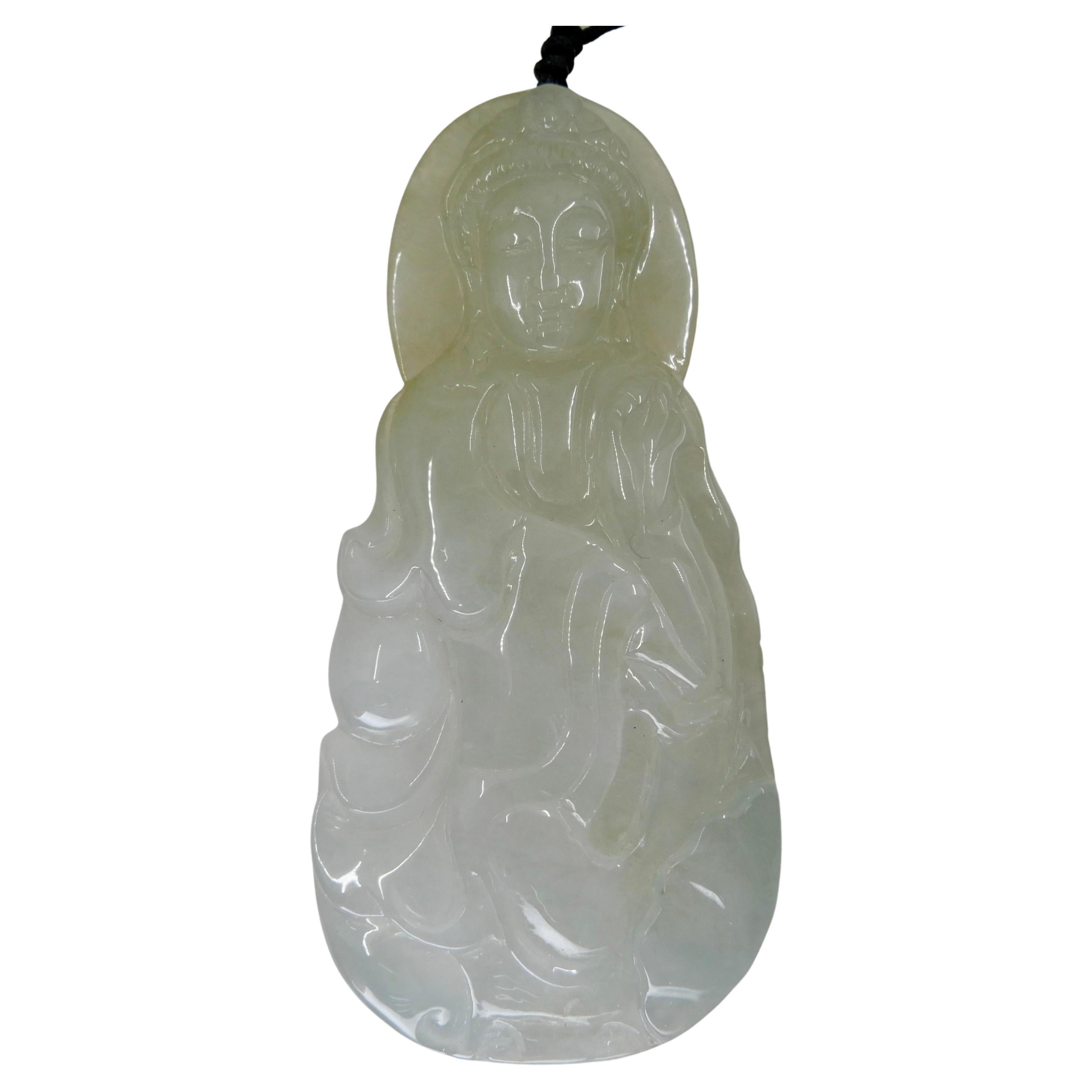 Certified Natural Icy Jadeite Jade Pendant Necklace, Kwan Yin, Unisex For Sale