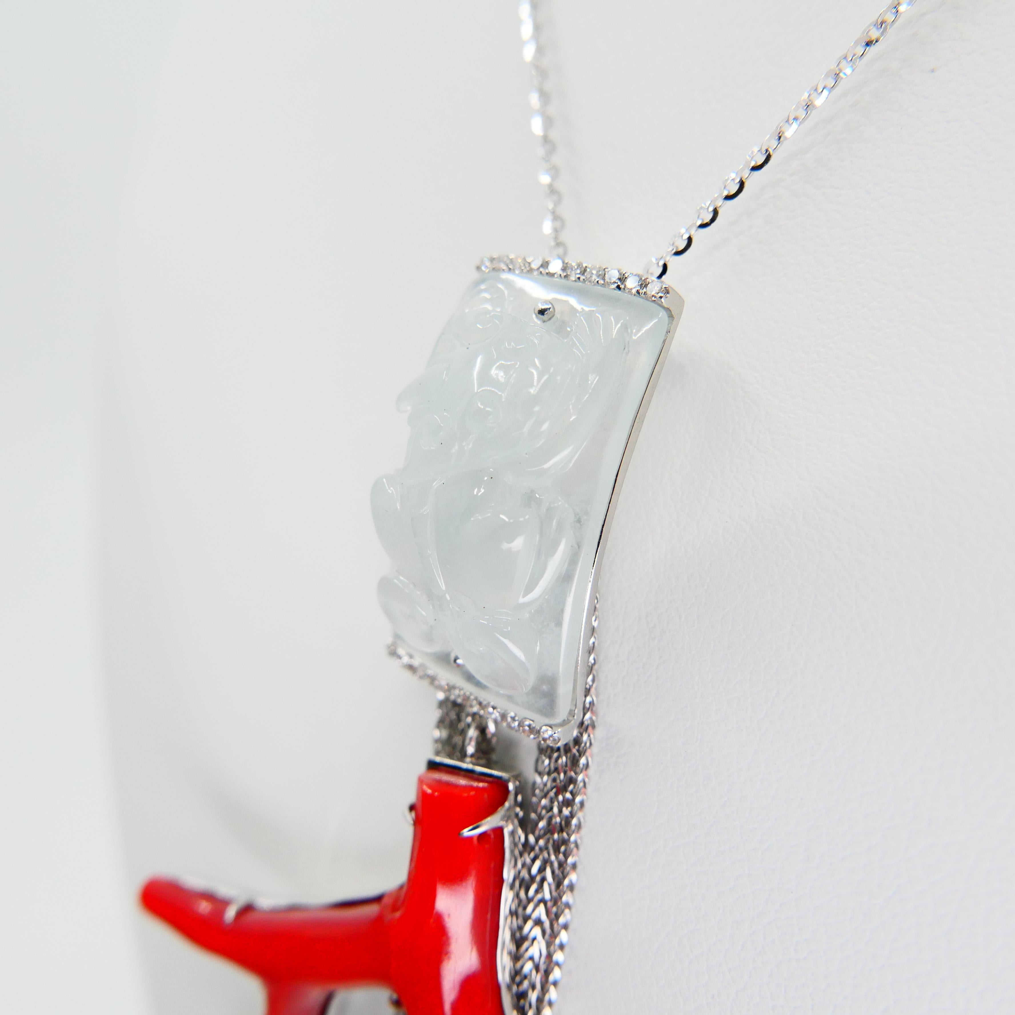 Certified Natural Icy Jadeite Jade, Red Coral and Diamond Pendant Necklace For Sale 6