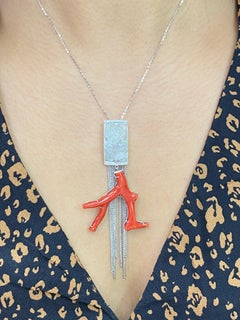 Certified Natural Icy Jadeite Jade, Red Coral and Diamond Pendant Necklace