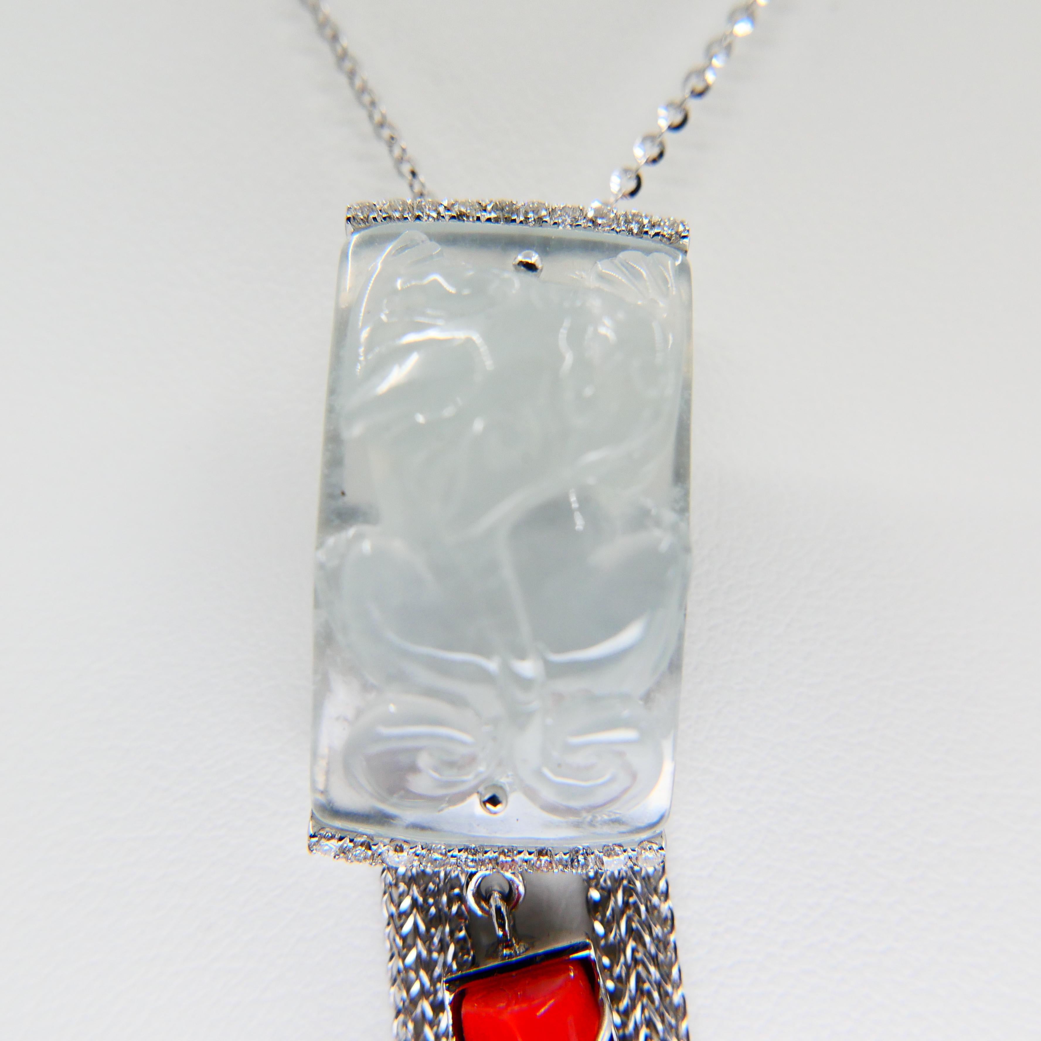 Rough Cut Certified Natural Icy Jadeite Jade, Red Coral and Diamond Pendant Necklace For Sale