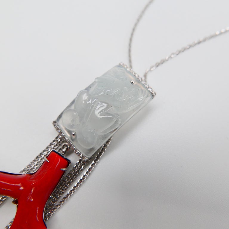 Certified Natural Icy Jadeite Jade, Red Coral and Diamond Pendant ...