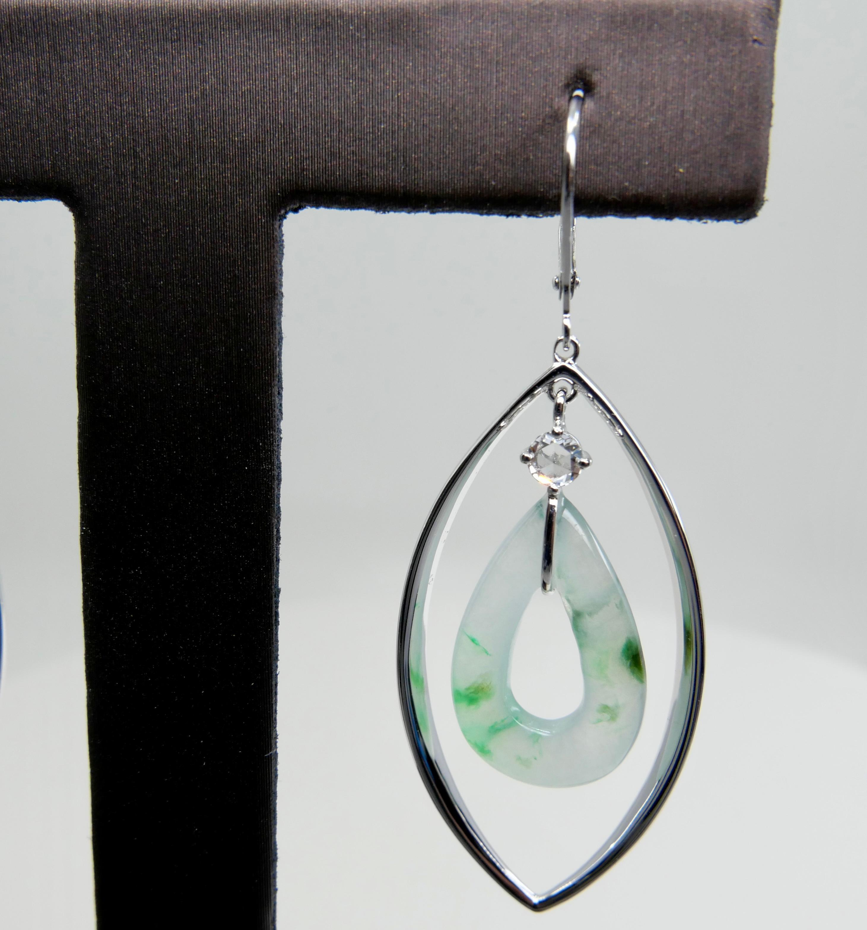 Certified Natural Icy Jadeite Jade & Rose Cut Diamond Drop Earrings, Lucky Jade For Sale 6