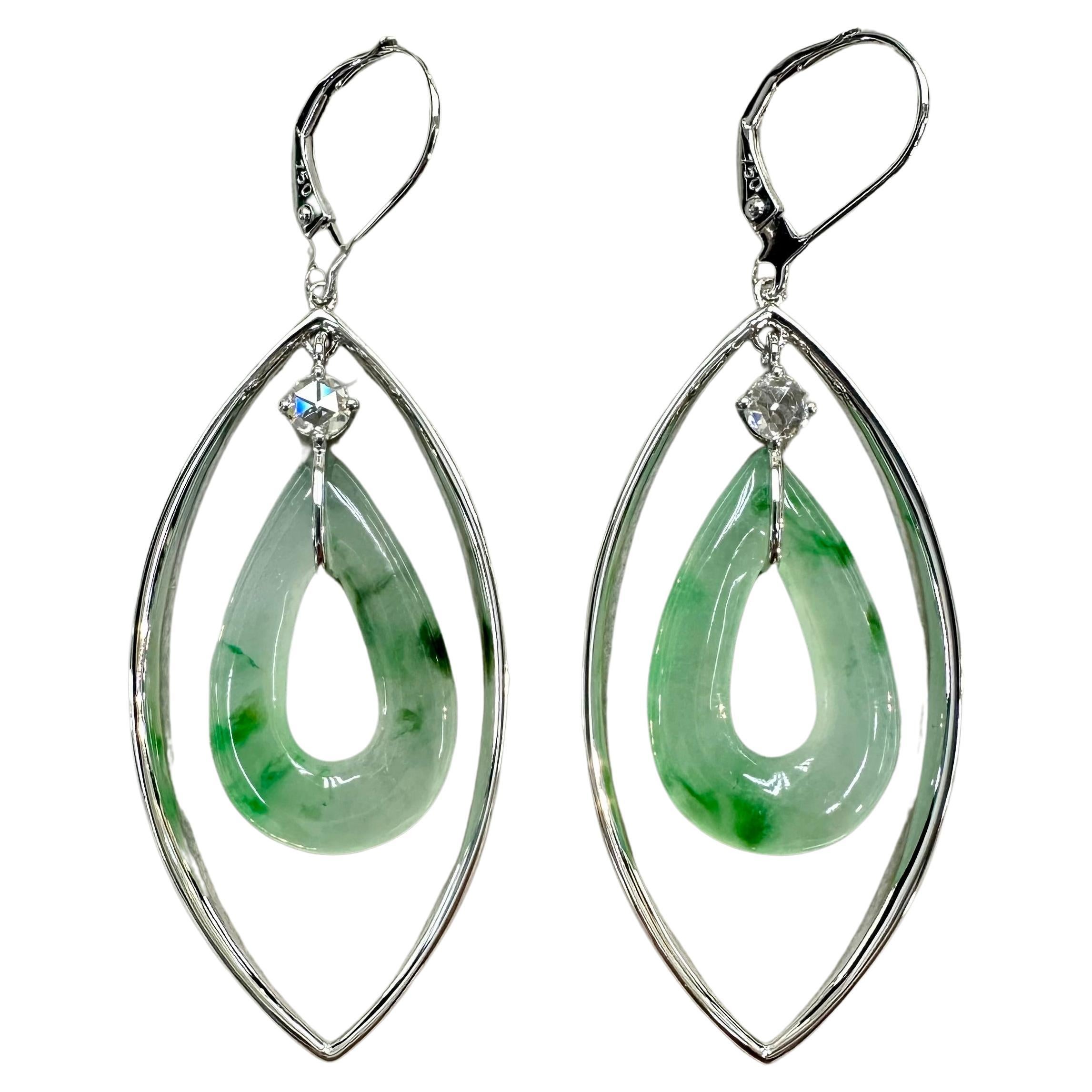 Certified Natural Icy Jadeite Jade & Rose Cut Diamond Drop Earrings, Lucky Jade For Sale 8