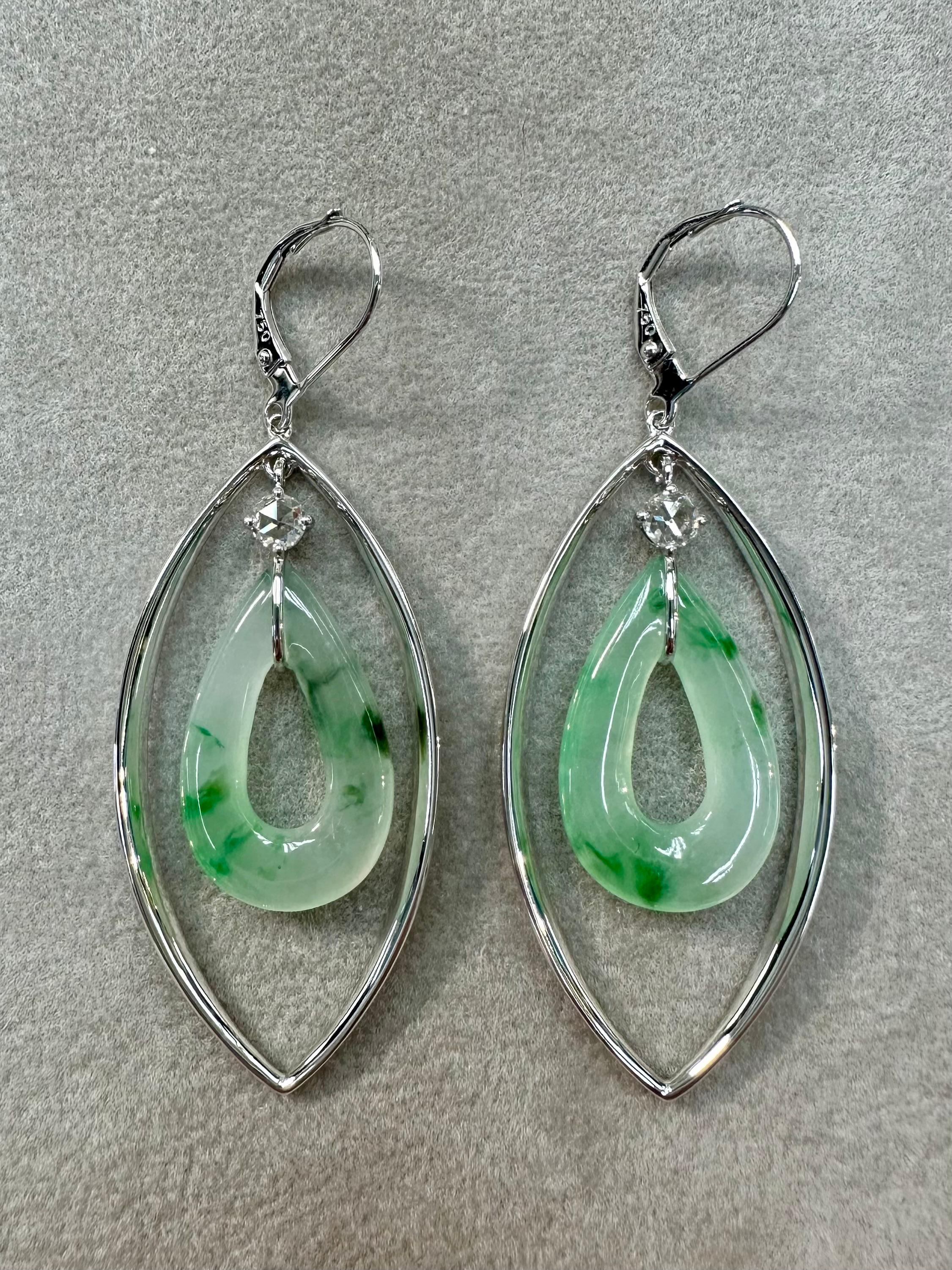 Certified Natural Icy Jadeite Jade & Rose Cut Diamond Drop Earrings, Lucky Jade For Sale 9