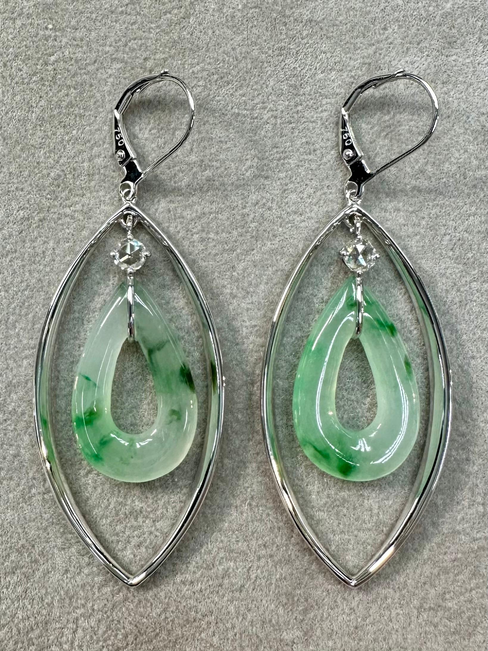 Certified Natural Icy Jadeite Jade & Rose Cut Diamond Drop Earrings, Lucky Jade For Sale 11