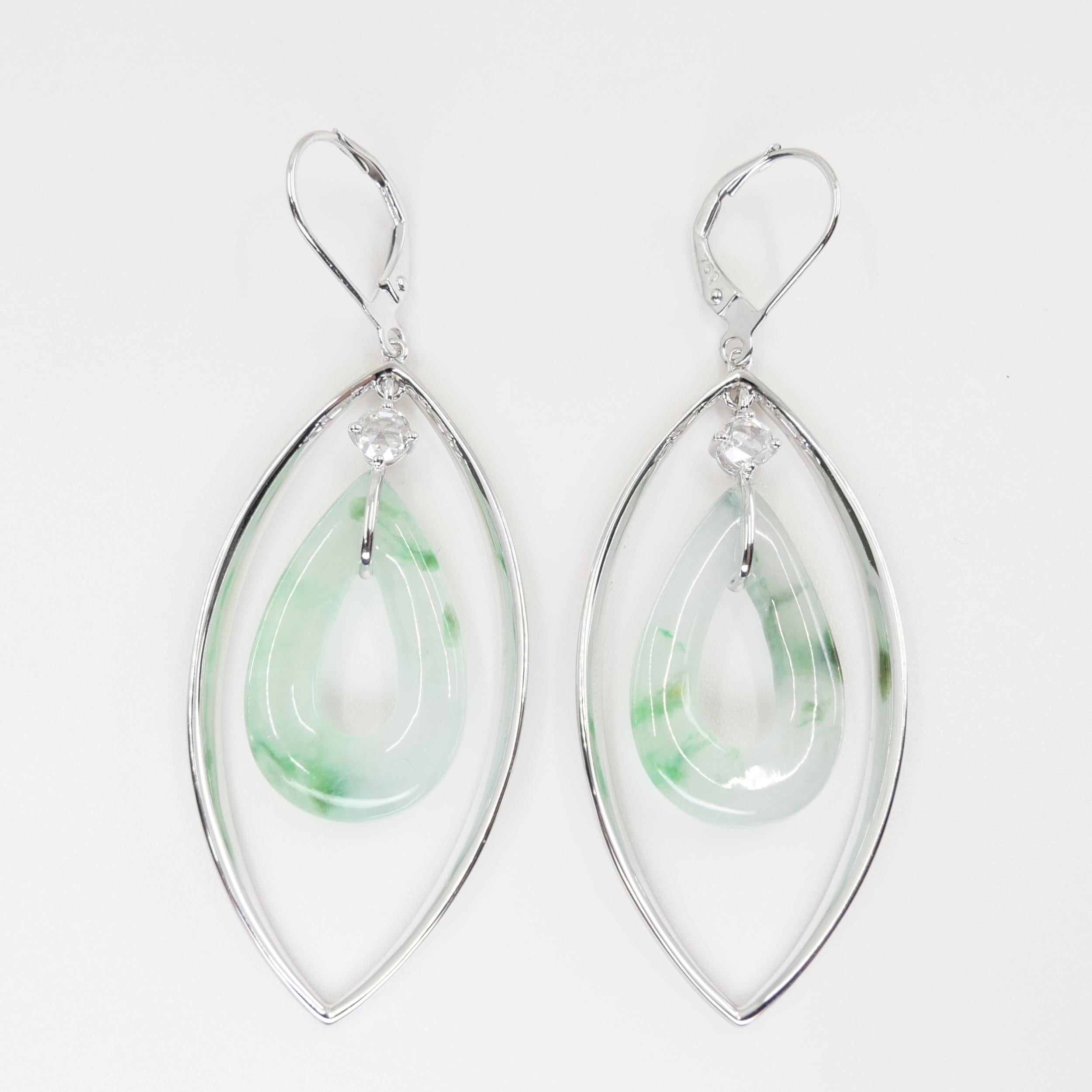 Certified Natural Icy Jadeite Jade & Rose Cut Diamond Drop Earrings, Lucky Jade For Sale 10