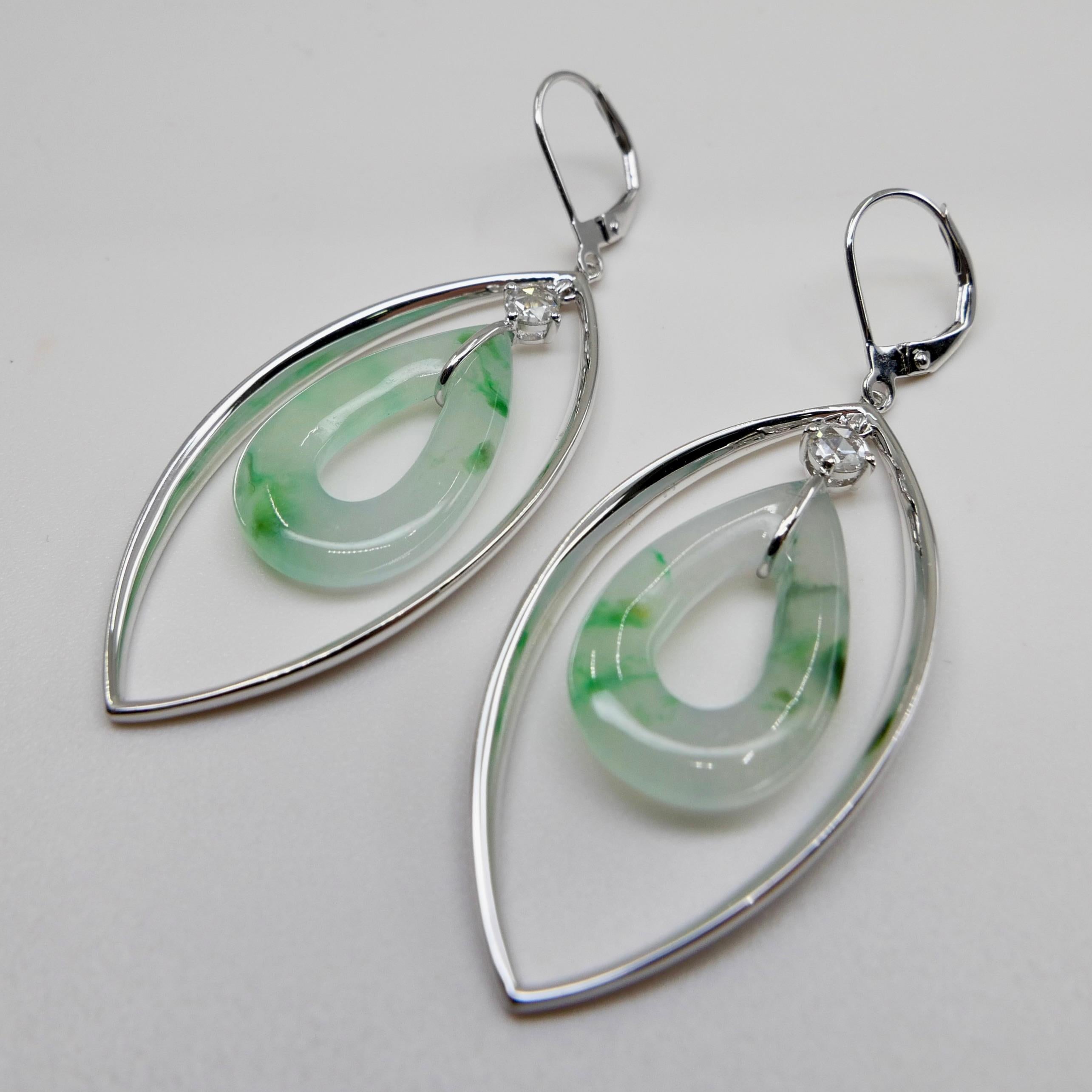Certified Natural Icy Jadeite Jade & Rose Cut Diamond Drop Earrings, Lucky Jade For Sale 12