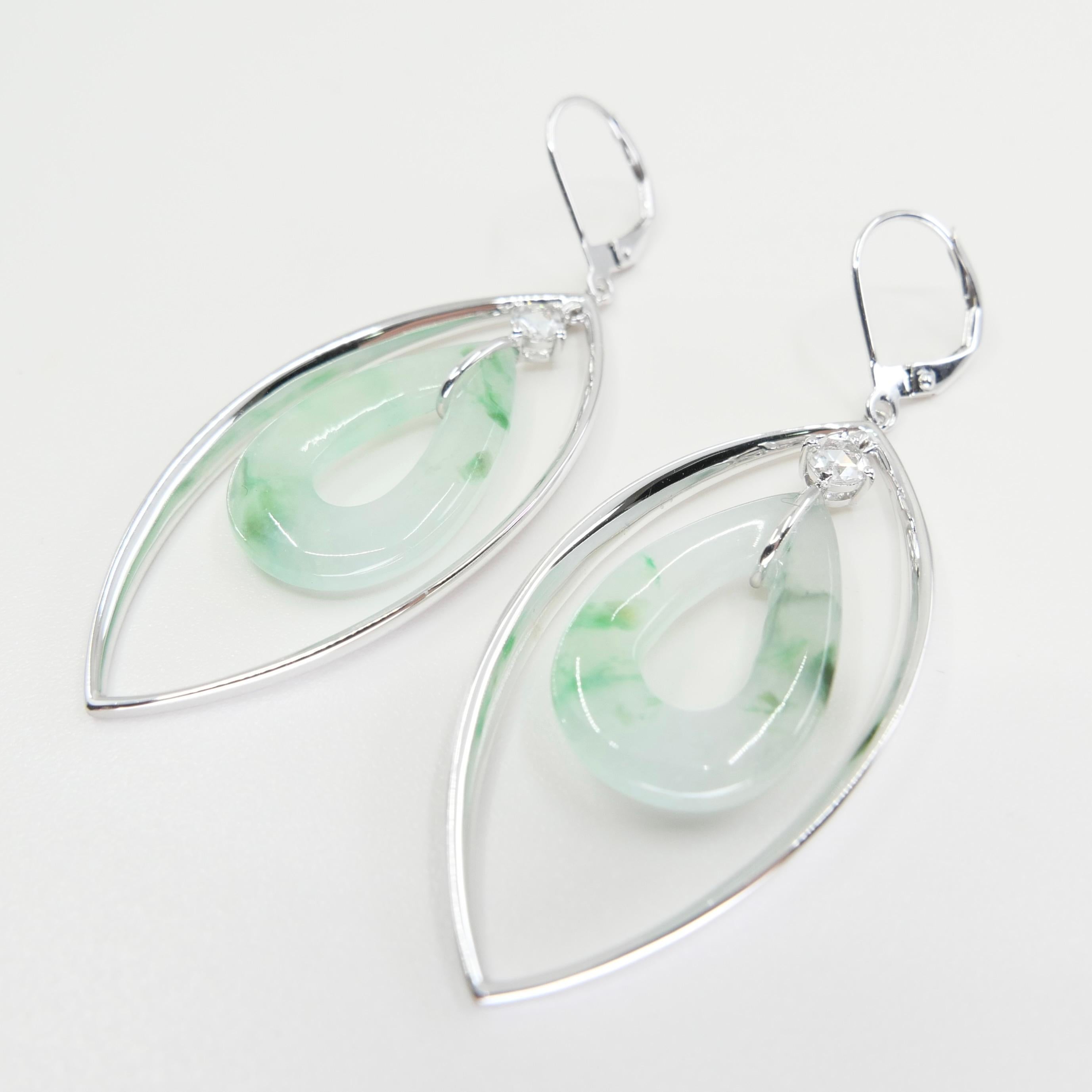 Certified Natural Icy Jadeite Jade & Rose Cut Diamond Drop Earrings, Lucky Jade For Sale 13