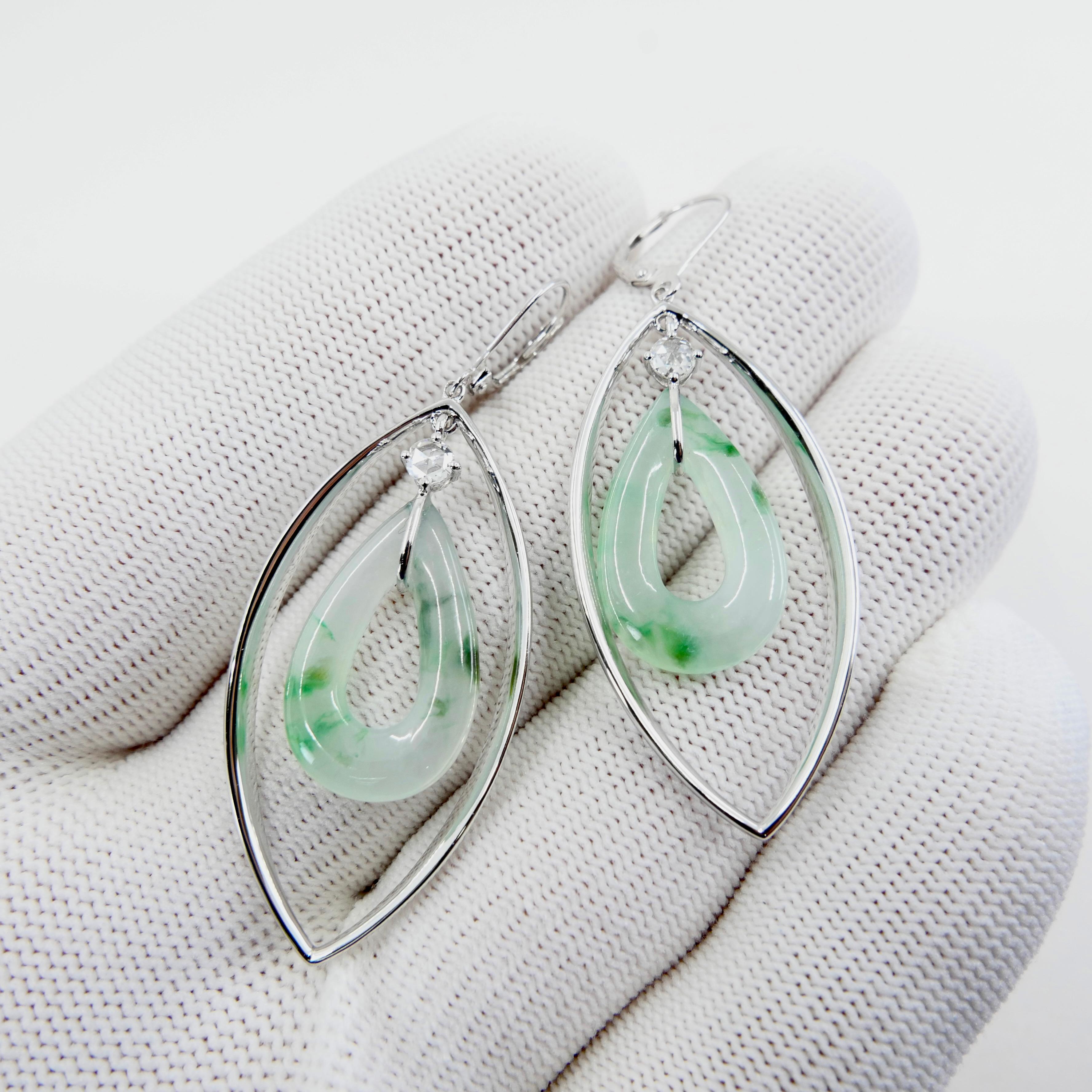 Certified Natural Icy Jadeite Jade & Rose Cut Diamond Drop Earrings, Lucky Jade For Sale 14
