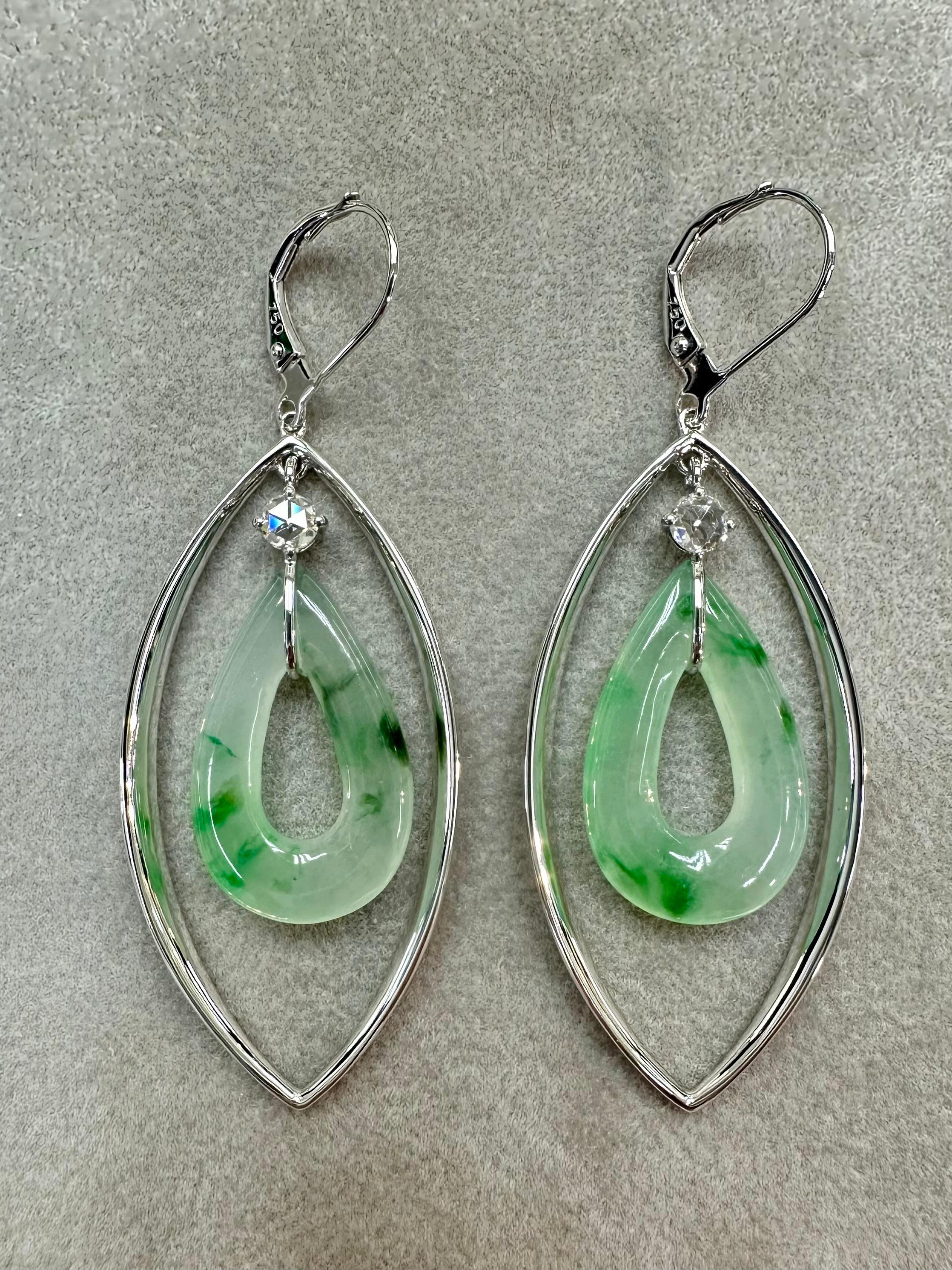 Certified Natural Icy Jadeite Jade & Rose Cut Diamond Drop Earrings, Lucky Jade For Sale 15