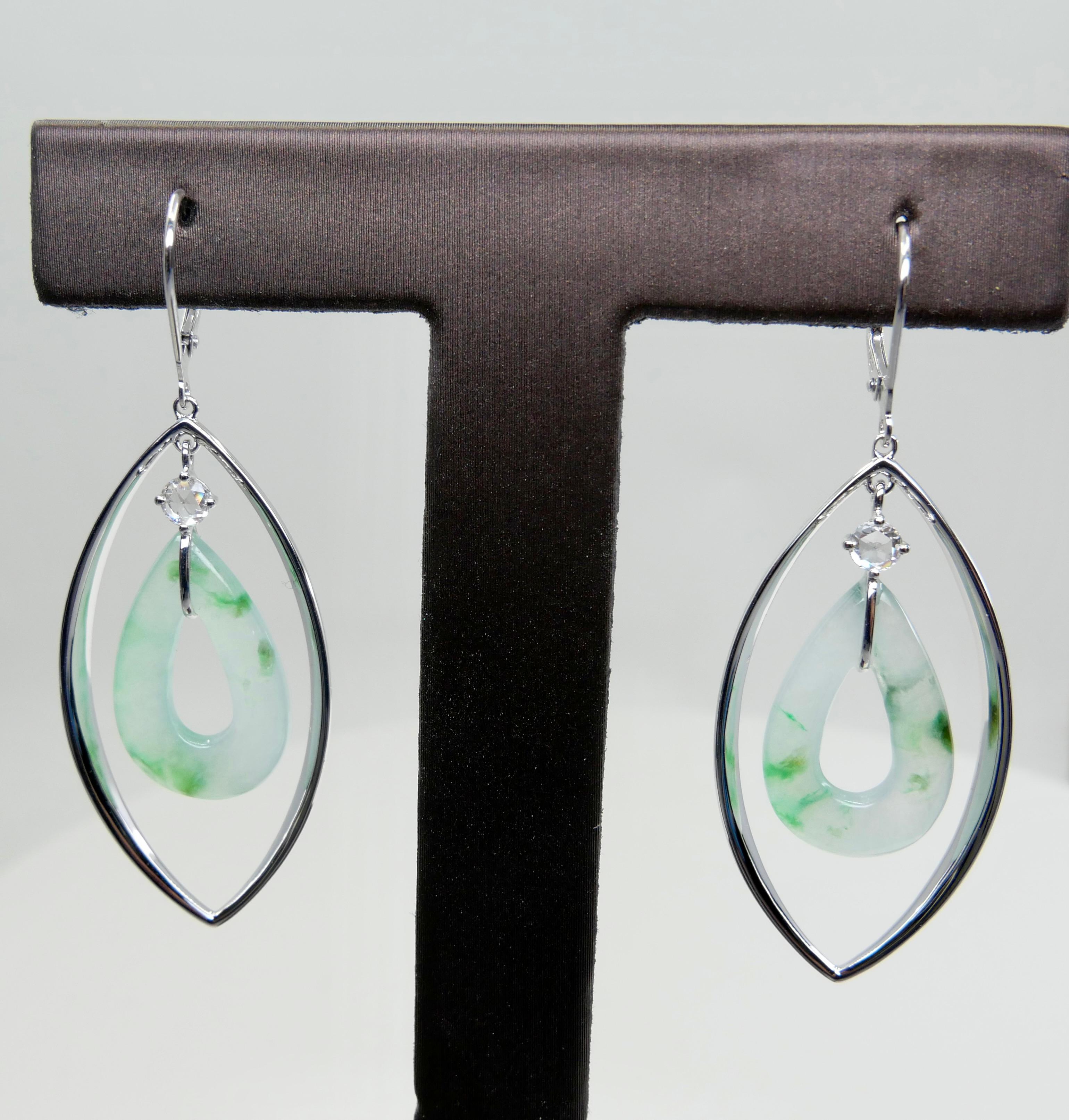 Certified Natural Icy Jadeite Jade & Rose Cut Diamond Drop Earrings, Lucky Jade In New Condition For Sale In Hong Kong, HK