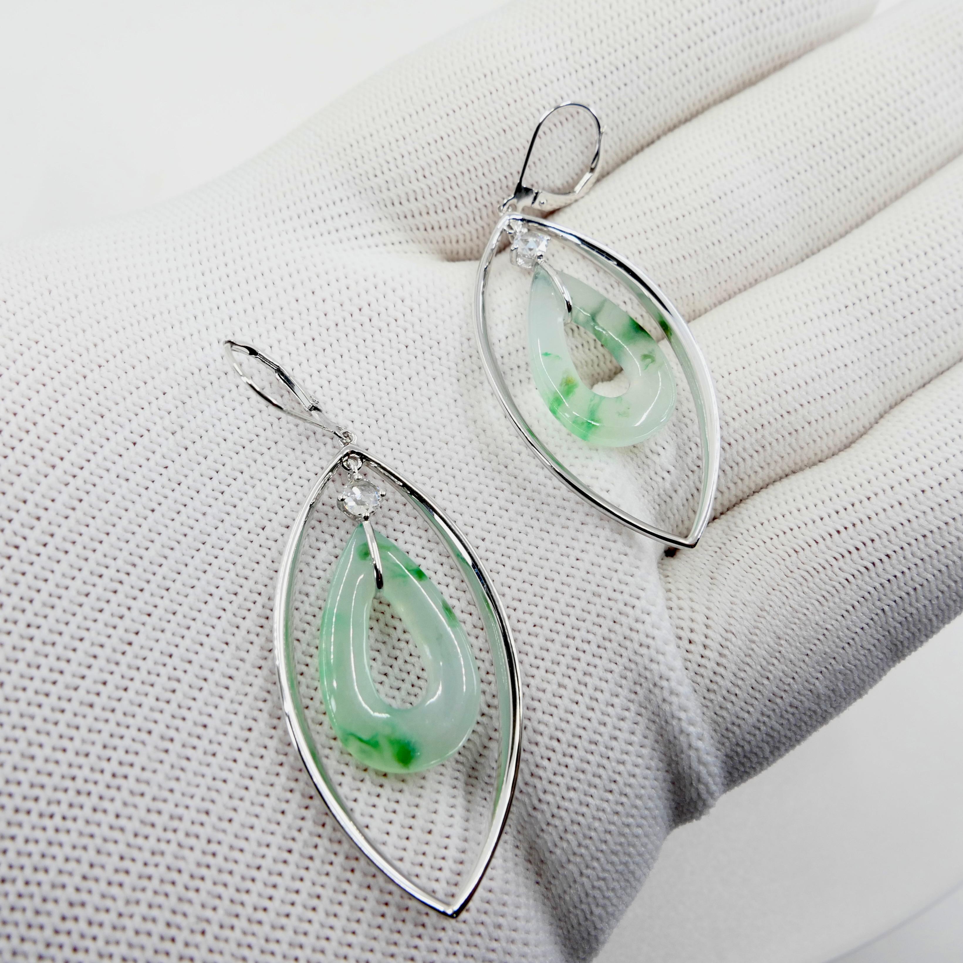 Certified Natural Icy Jadeite Jade & Rose Cut Diamond Drop Earrings, Lucky Jade For Sale 2