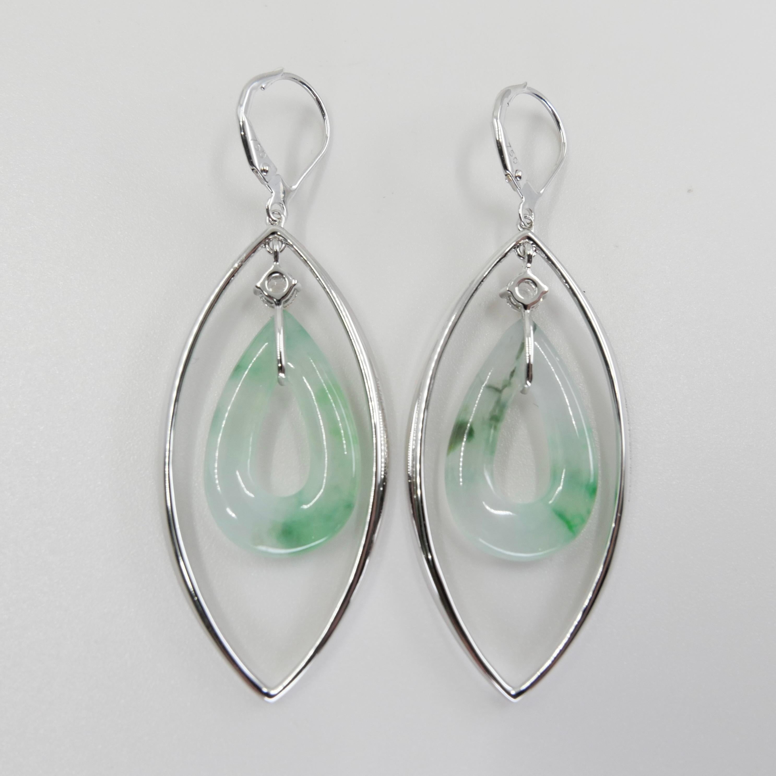 Certified Natural Icy Jadeite Jade & Rose Cut Diamond Drop Earrings, Lucky Jade For Sale 3