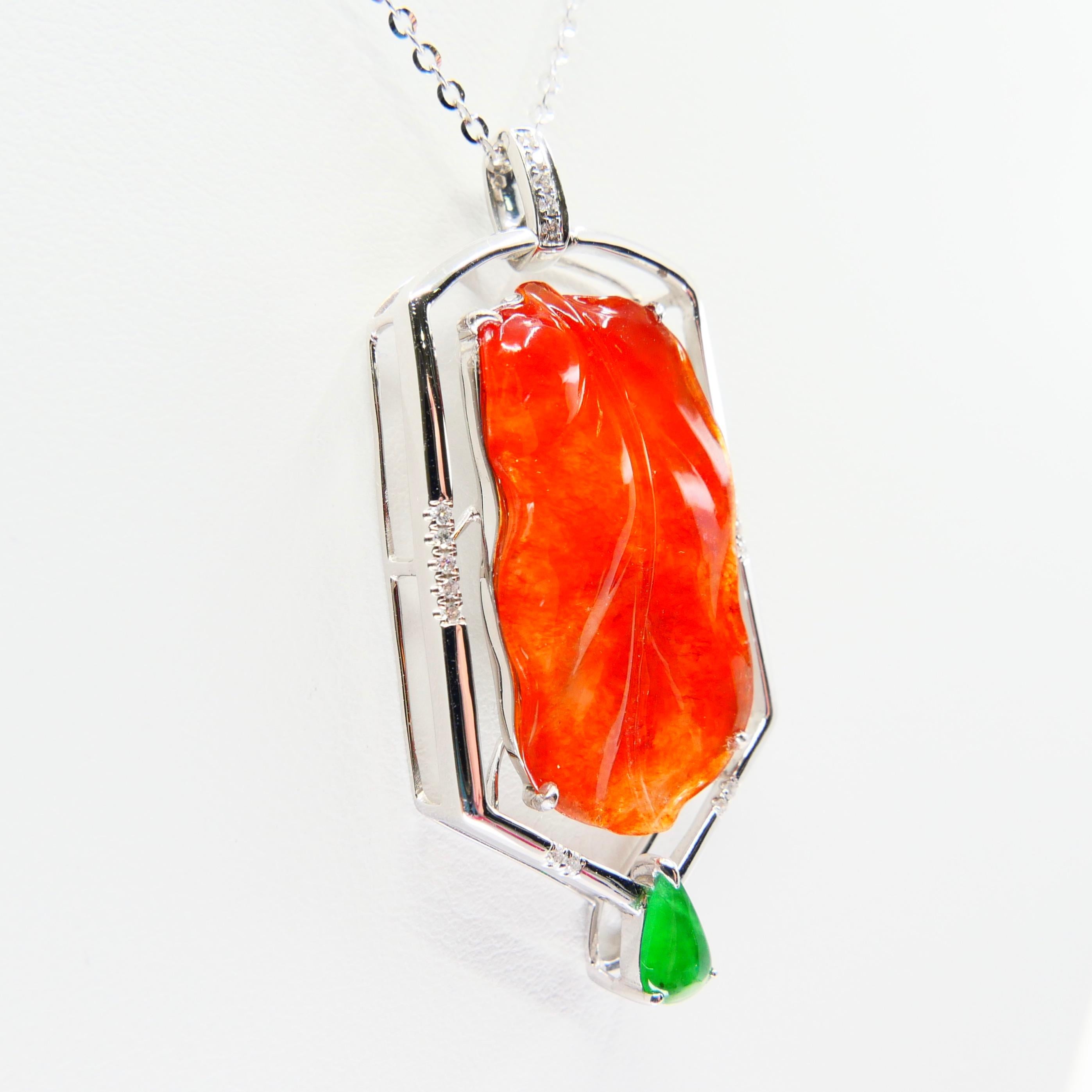 Certified Natural Icy Red Jade, Diamonds, Apple Green Jade Pendant Drop Necklace For Sale 3