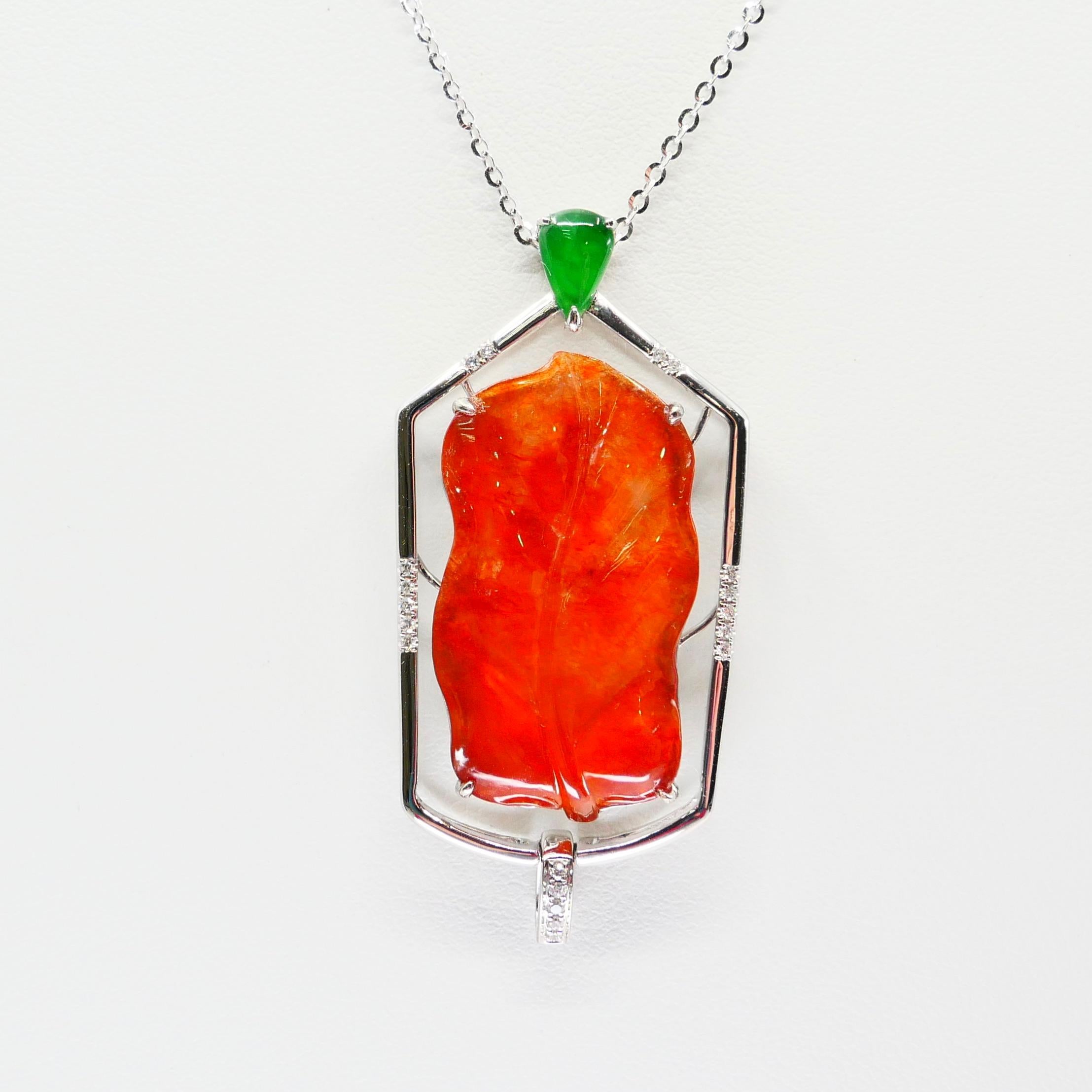 Certified Natural Icy Red Jade, Diamonds, Apple Green Jade Pendant Drop Necklace For Sale 4