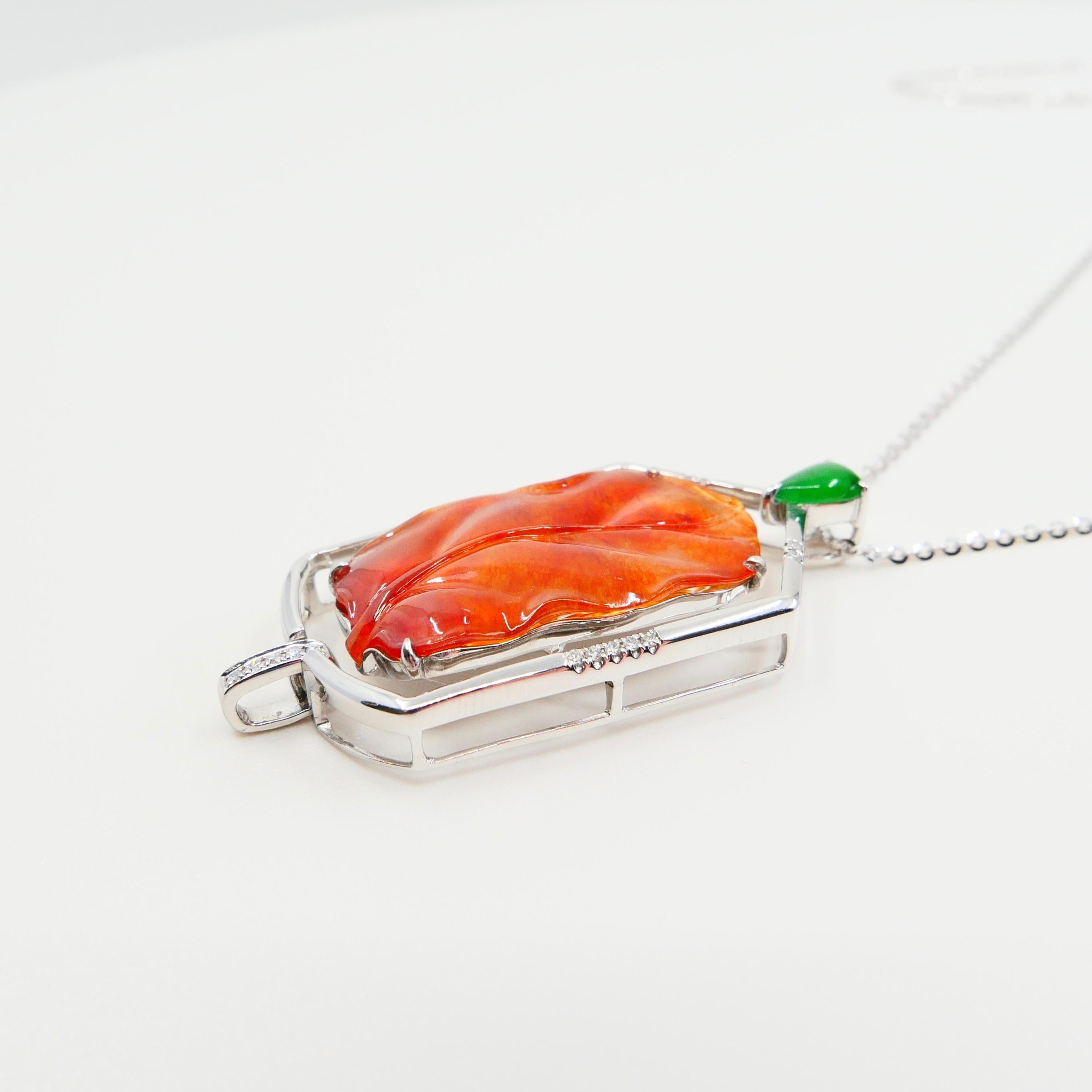 Certified Natural Icy Red Jade, Diamonds, Apple Green Jade Pendant Drop Necklace For Sale 5