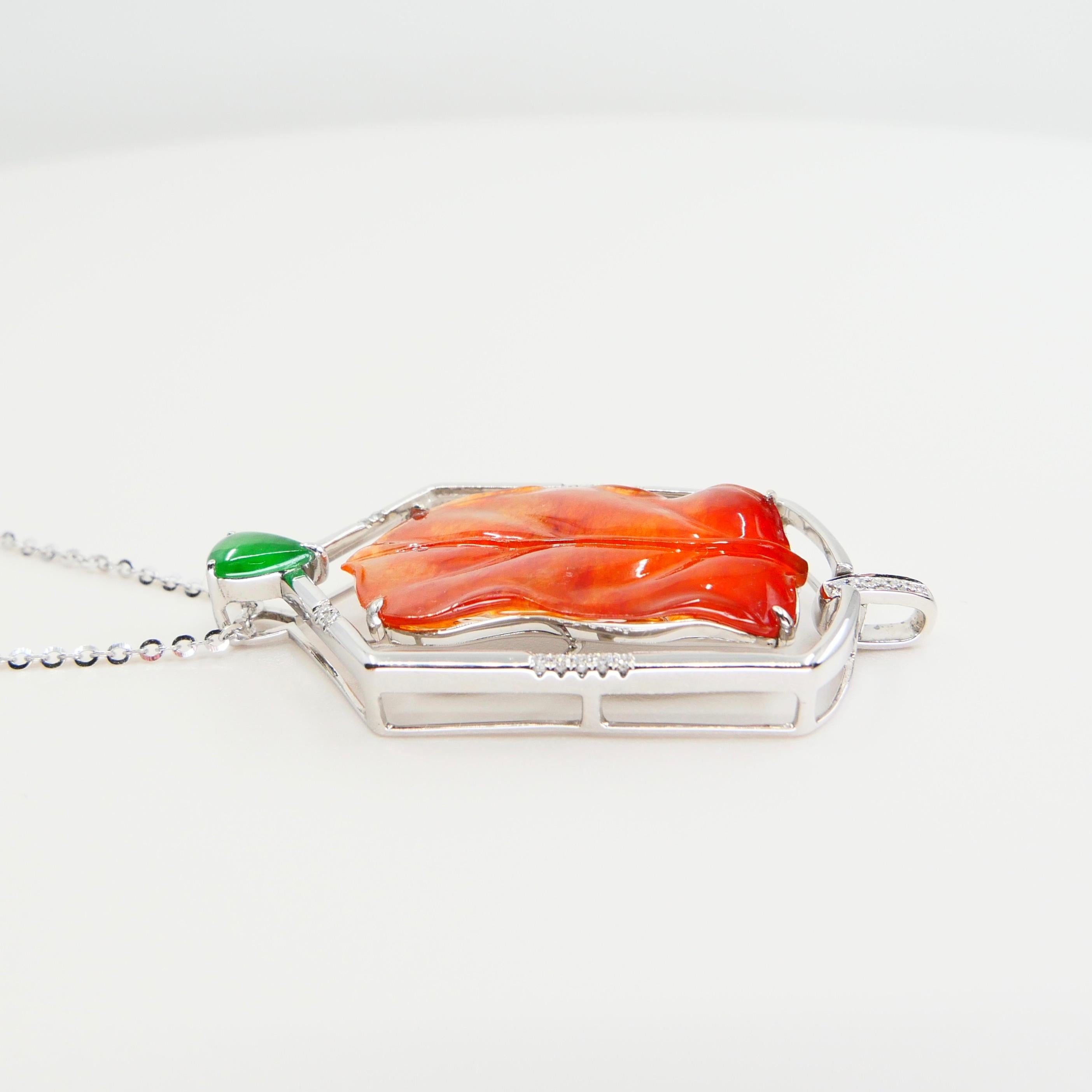 Zertifizierte natürliche tropfenförmige Halskette aus roter Jade mit Diamanten und apfelgrünem Jade-Anhänger im Angebot 9