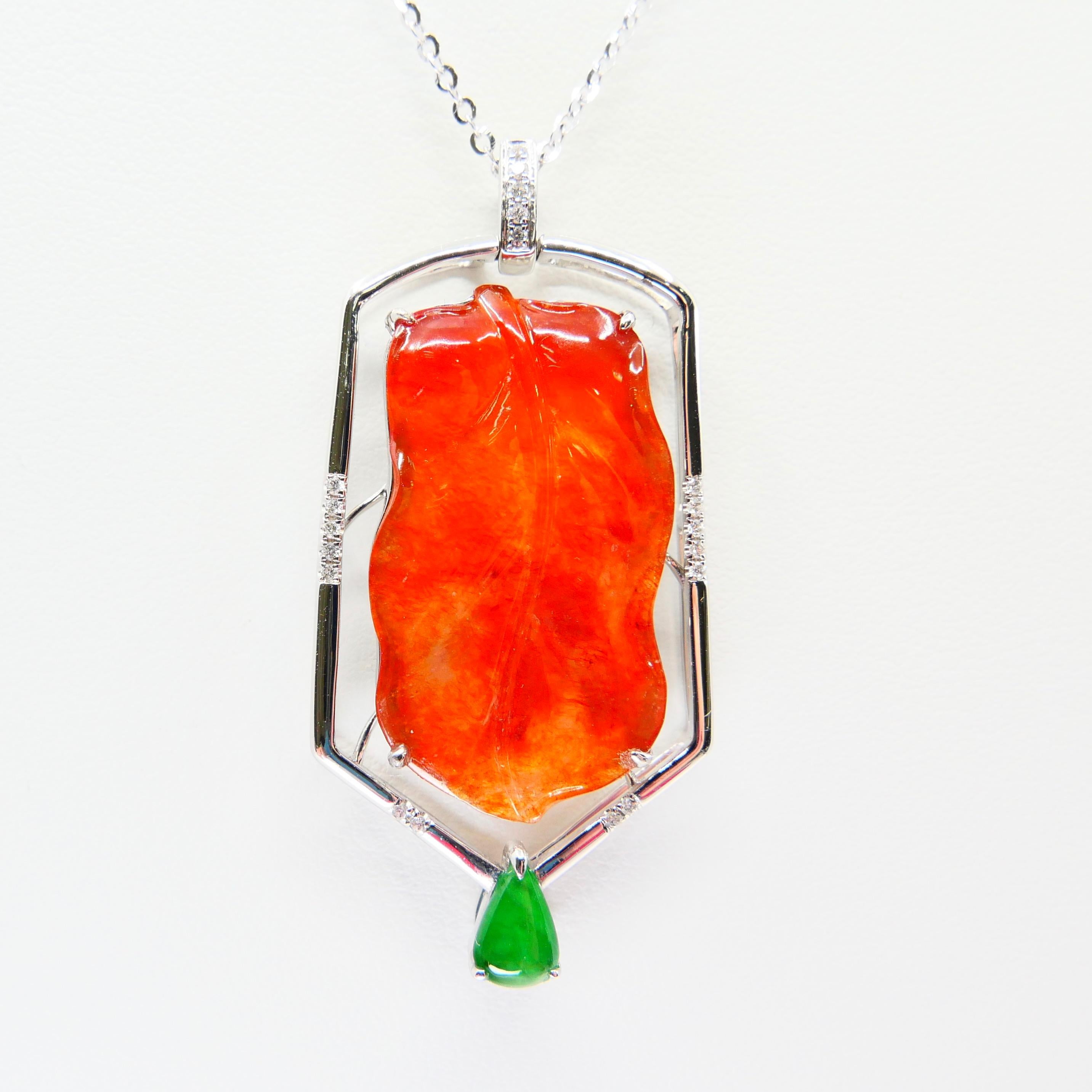 Zertifizierte natürliche tropfenförmige Halskette aus roter Jade mit Diamanten und apfelgrünem Jade-Anhänger im Angebot 5
