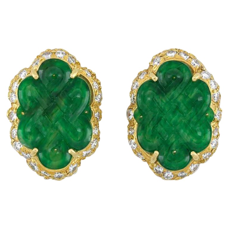 Certified Natural Imperial Color Endless Knot Green Jadeite Carved Earrings For Sale