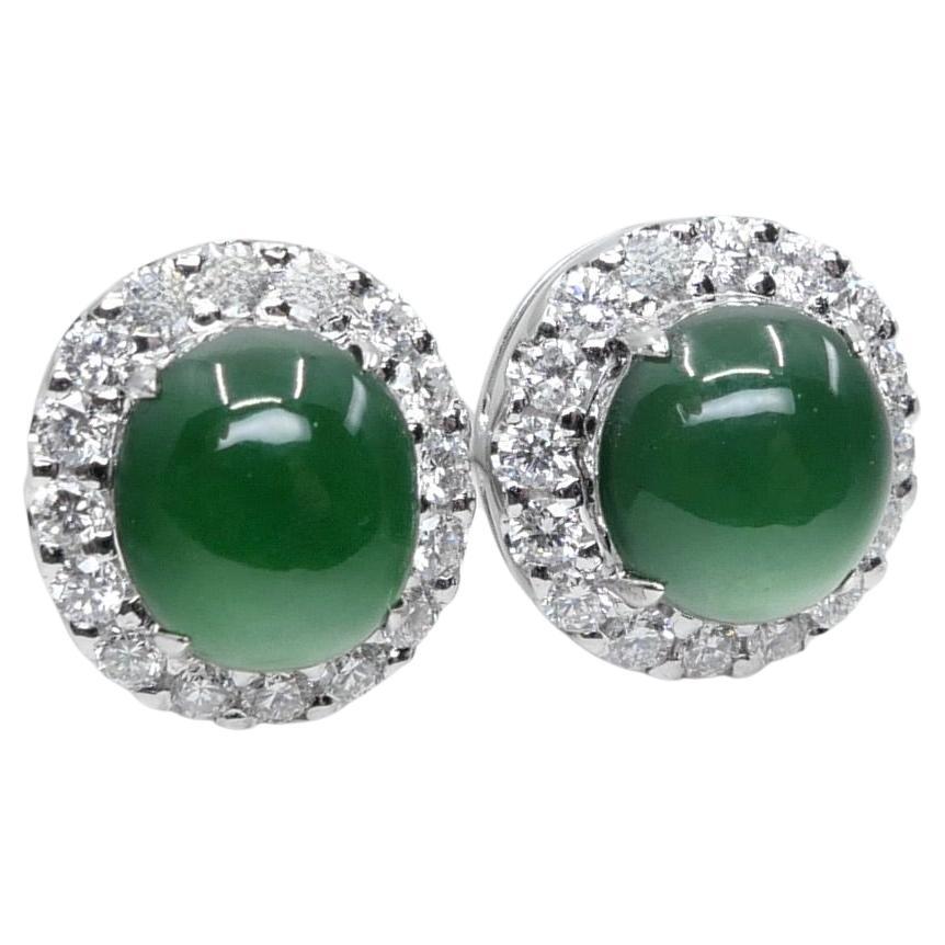 Certified Natural Imperial Jade Diamond Stud Earrings. Best Glowing Green  For Sale 2
