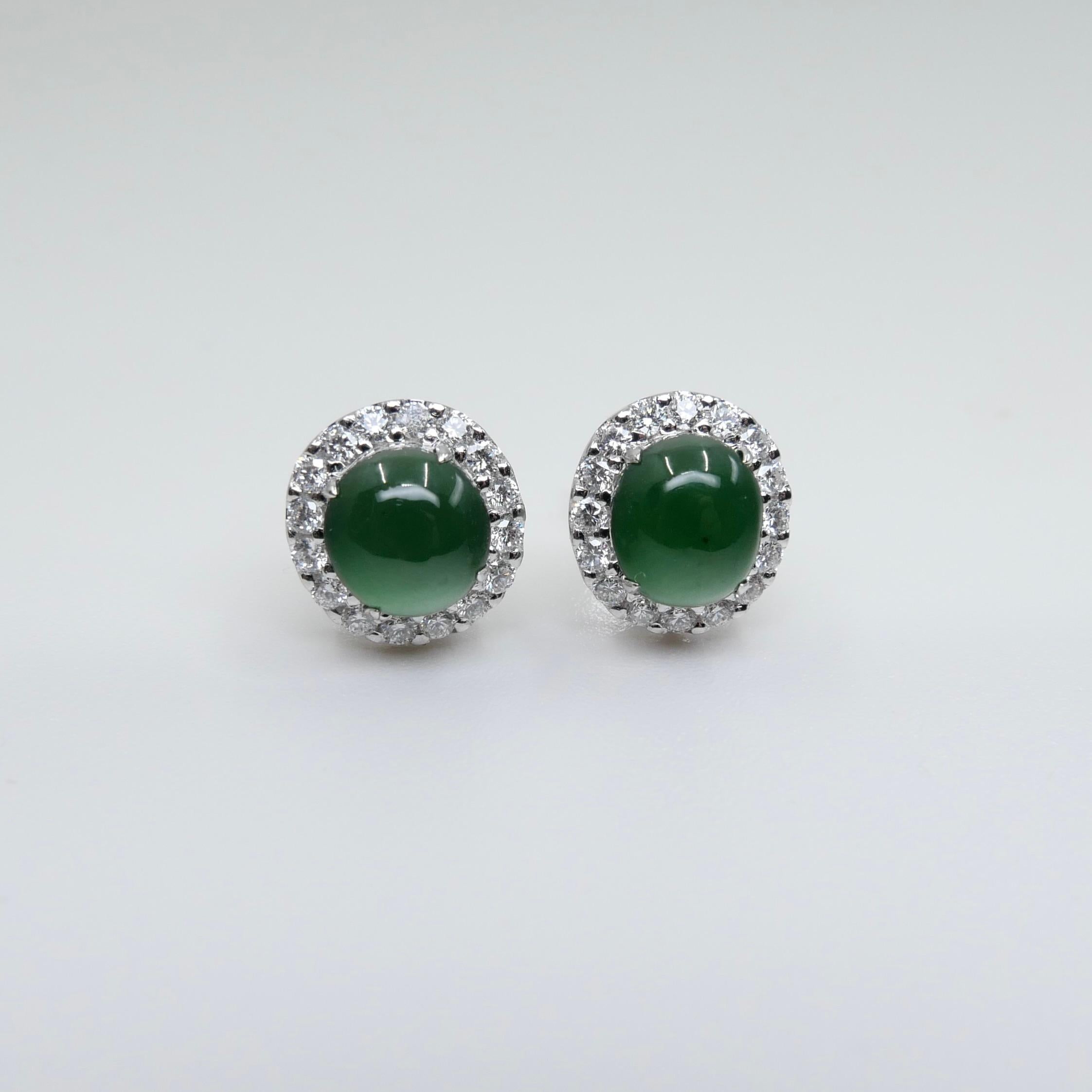 Certified Natural Imperial Jade Diamond Stud Earrings. Best Glowing Green  For Sale 3