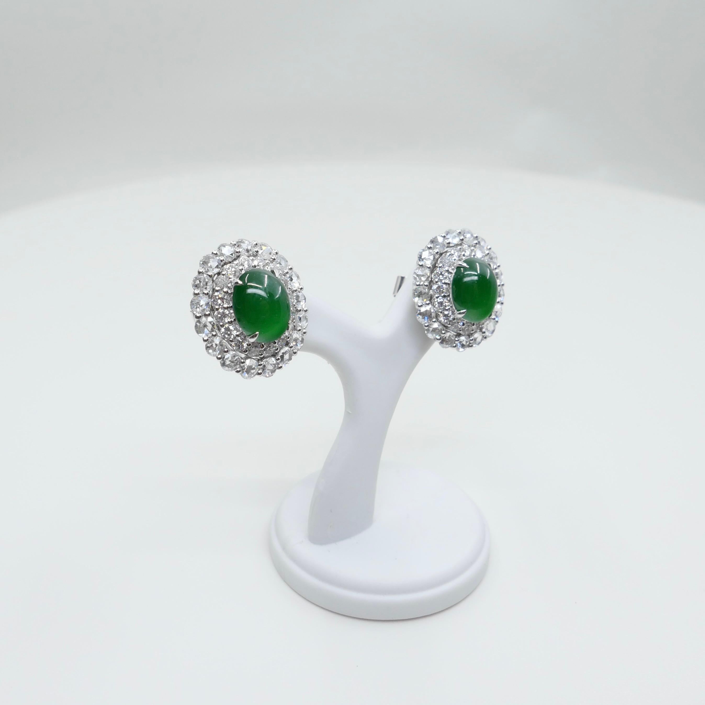 Certified Natural Imperial Jade Diamond Stud Earrings. Best Glowing Green  For Sale 4