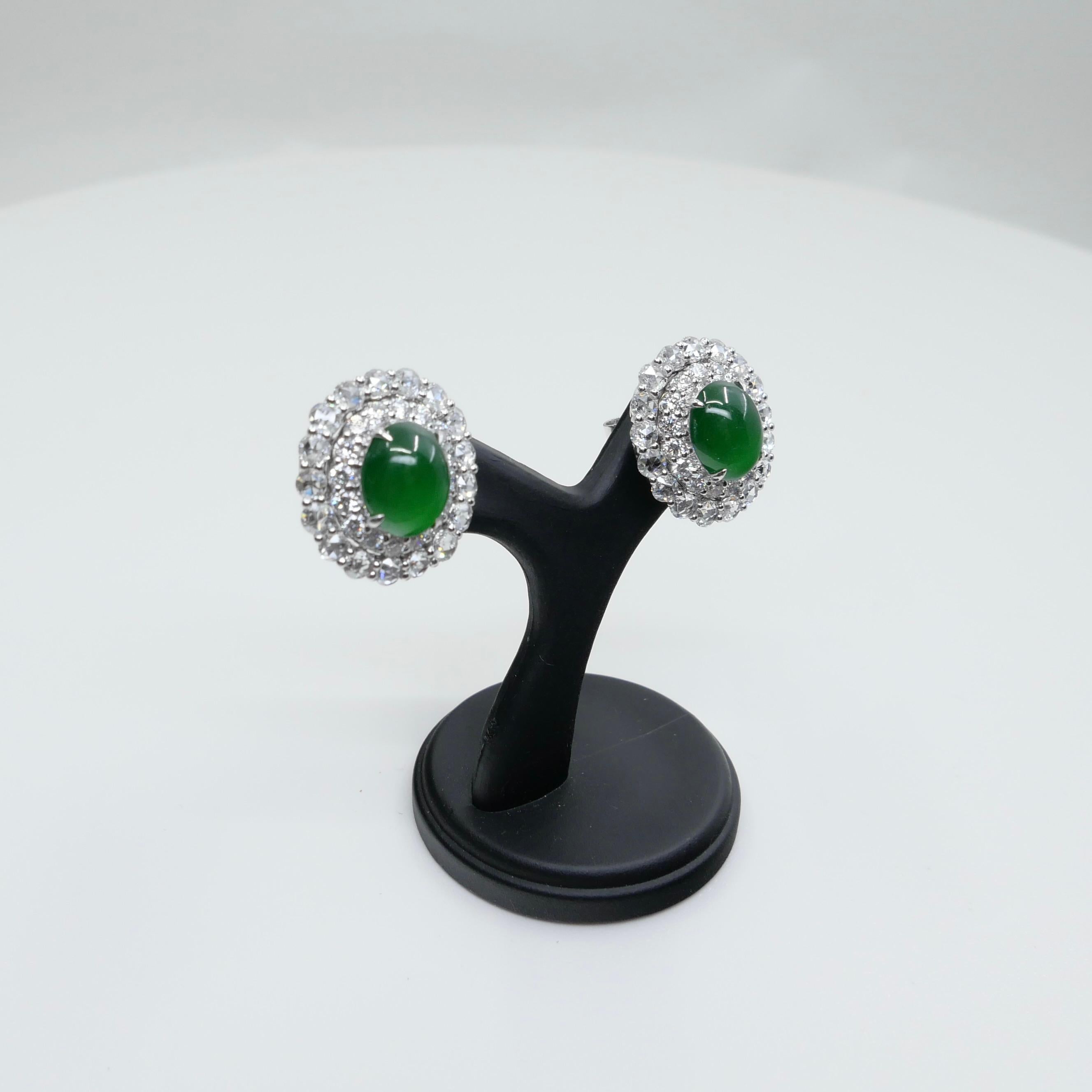 Certified Natural Imperial Jade Diamond Stud Earrings. Best Glowing Green  For Sale 4