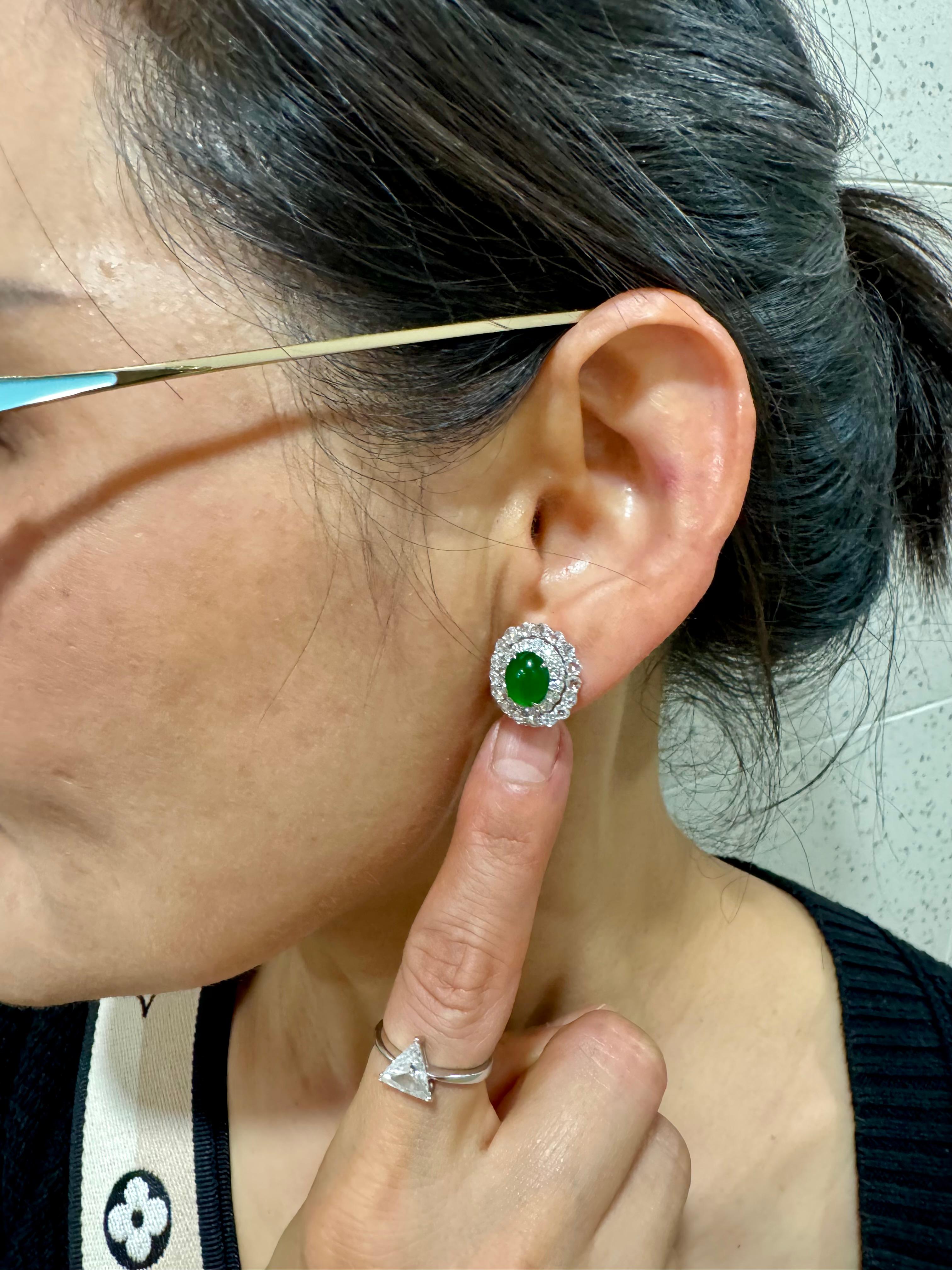 Certified Natural Imperial Jade Diamond Stud Earrings. Best Glowing Green  For Sale 6