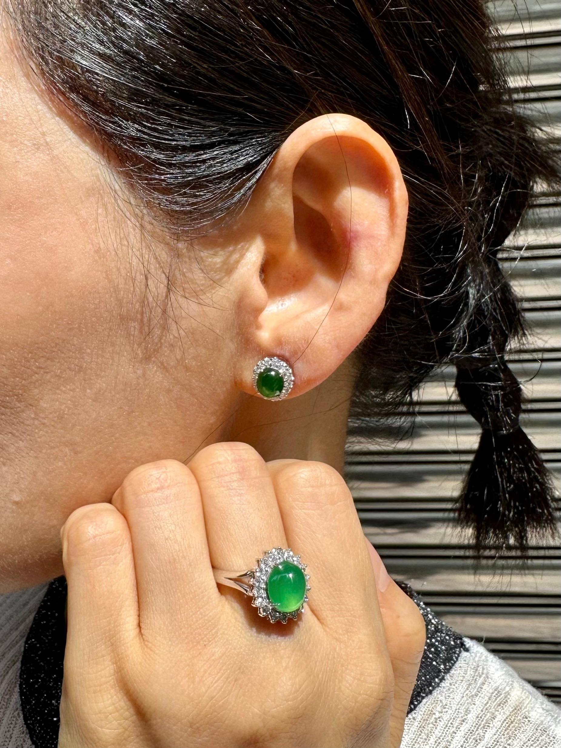 Certified Natural Imperial Jade Diamond Stud Earrings. Best Glowing Green  For Sale 7