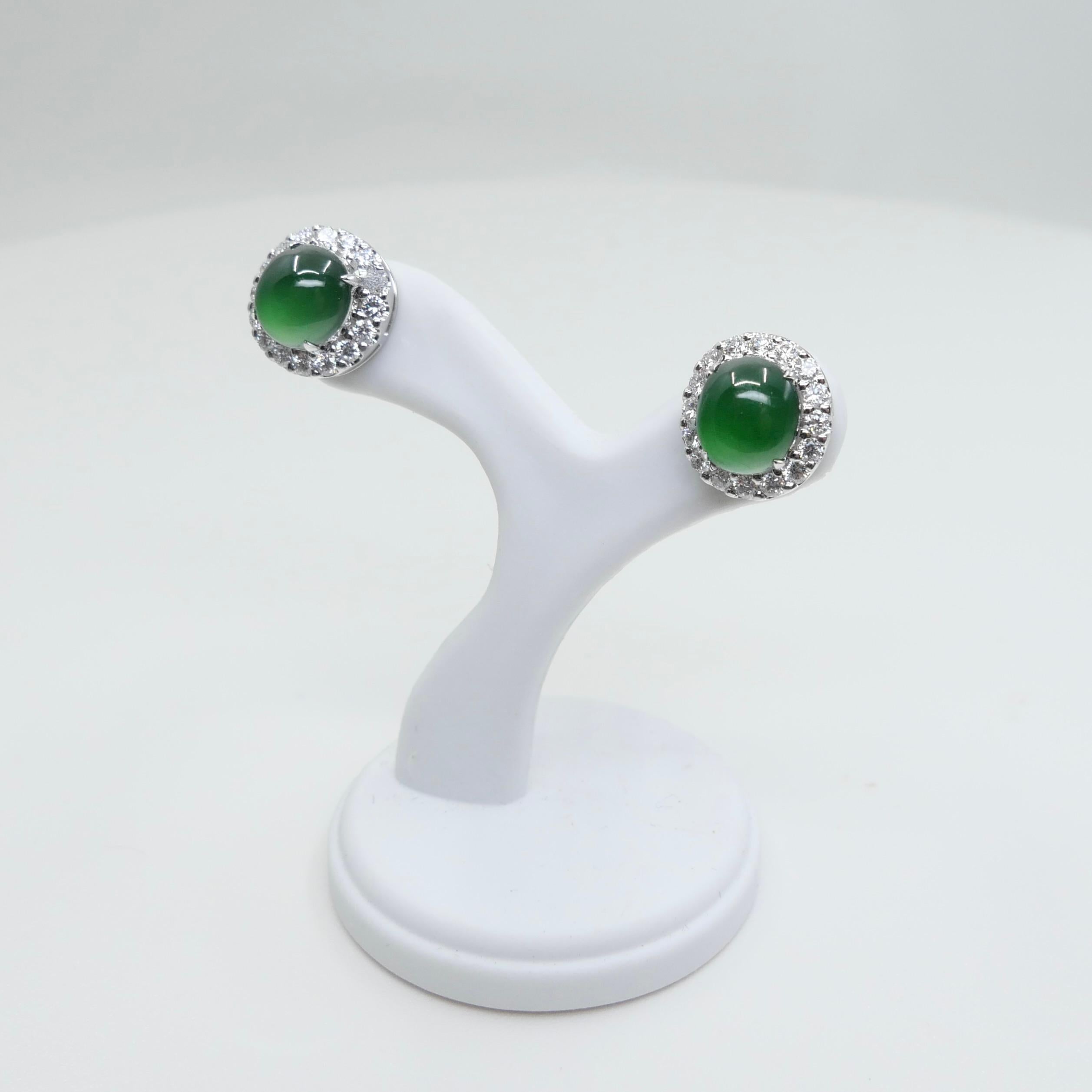 Certified Natural Imperial Jade Diamond Stud Earrings. Best Glowing Green  For Sale 8